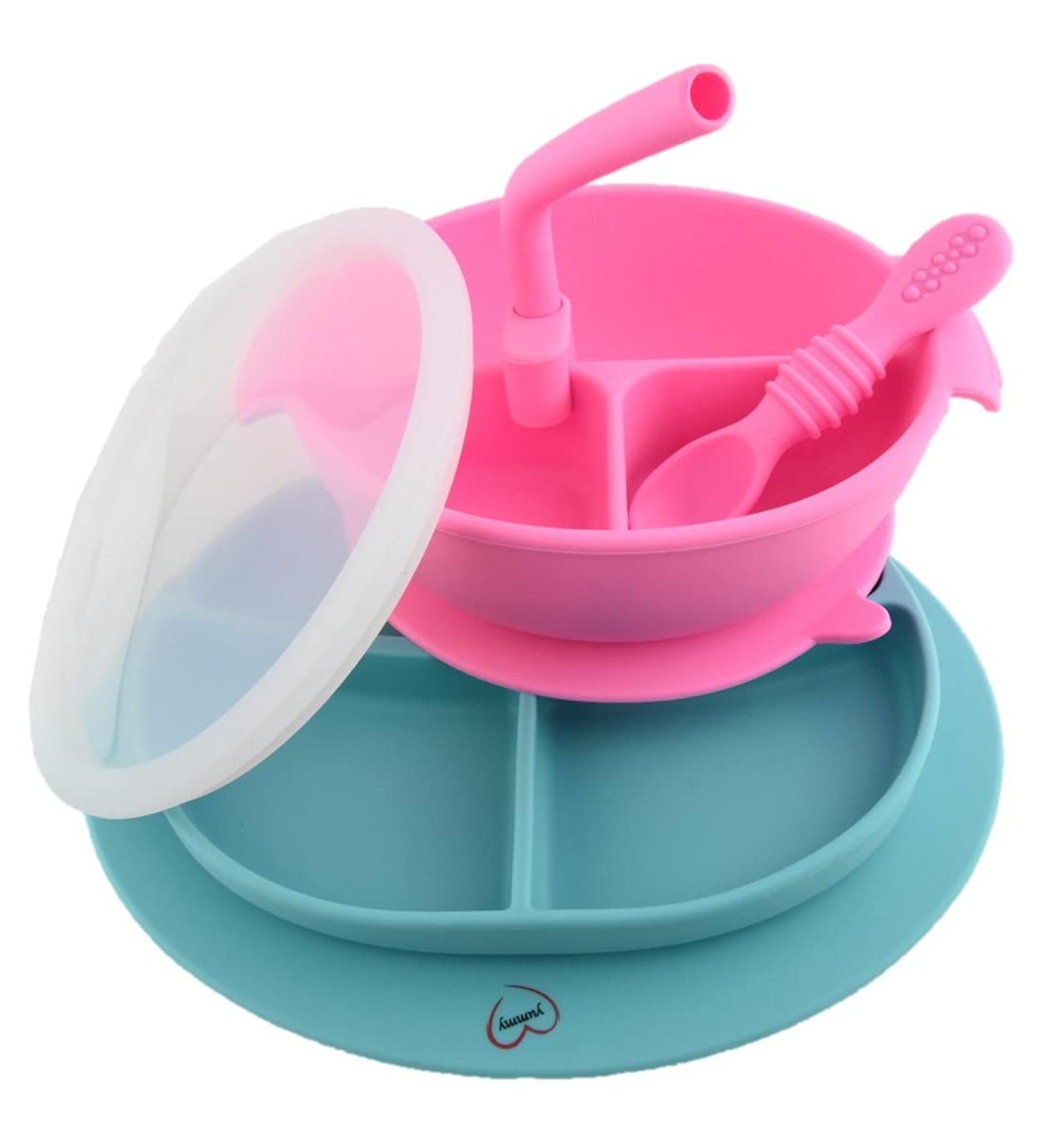 Yummy Baby Toddler Silicone Suction Divided Plate Bowl with Lid, Spoon & Straw - Pink Set | Non Slip Feeding Dish for Kids - Buy Online on SooperMarket.com