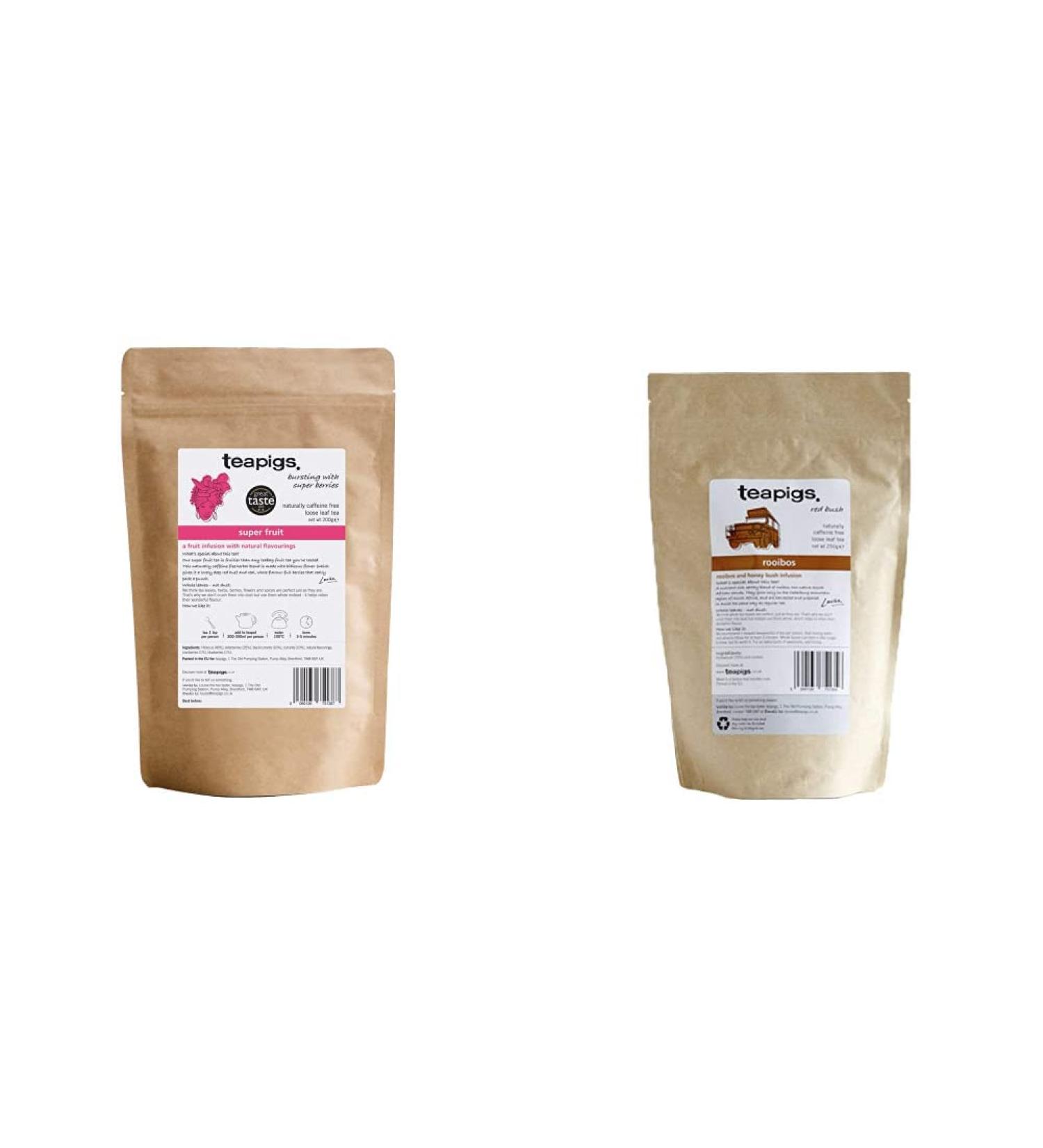 teapigs Super Fruit Loose Tea Made With Whole Fruit (1 Pack of 200g) 1216 & Teapigs Honeybush & Rooibos Loose Tea Made with Whole Leaves (1 Pack of 250g Loose Tea) 1212 + Loose Tea 200 g (Pack of 1) - Buy Online on SooperMarket.com