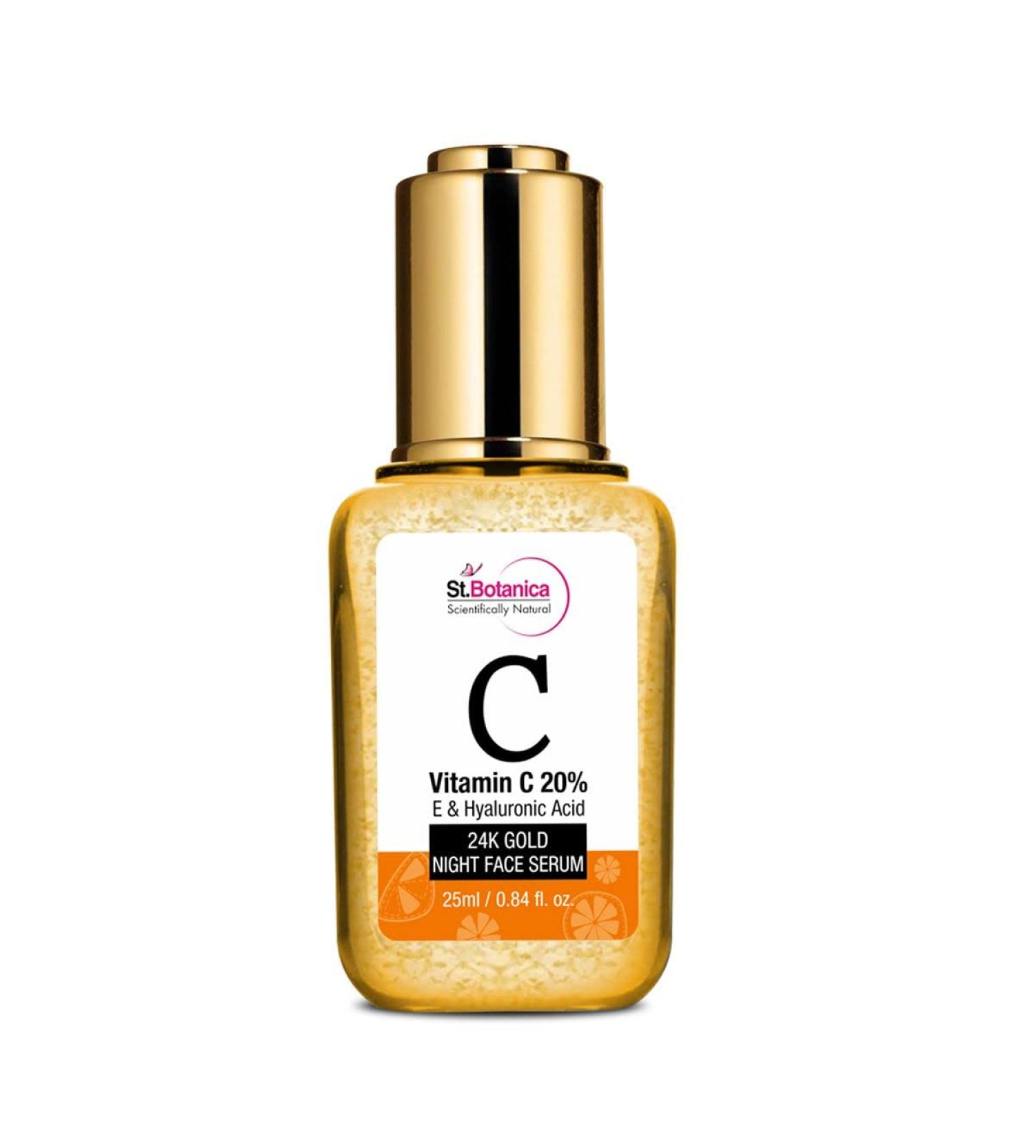 St. Botanica 20% Vitamin C E & Hyaluronic Acid 24K Gold Night Face Serum - 25ml | Revitalize & Brighten Skin - Buy Online on SooperMarket.com
