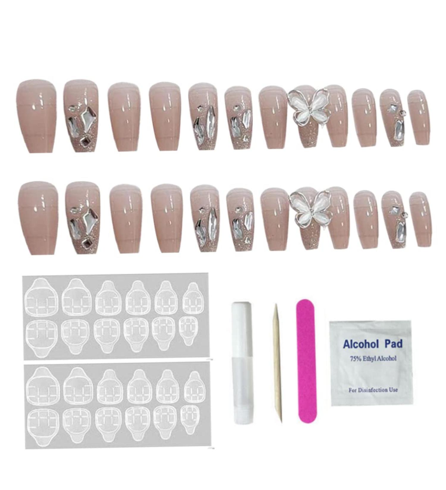 Long Press on Nails Long False Nail French Tip Fake Nails with 3D Butterfly Rhinestones Designs Glossy Full Cover Acrylic Nails for Women False Nails & Accessories - Buy Online on SooperMarket.com