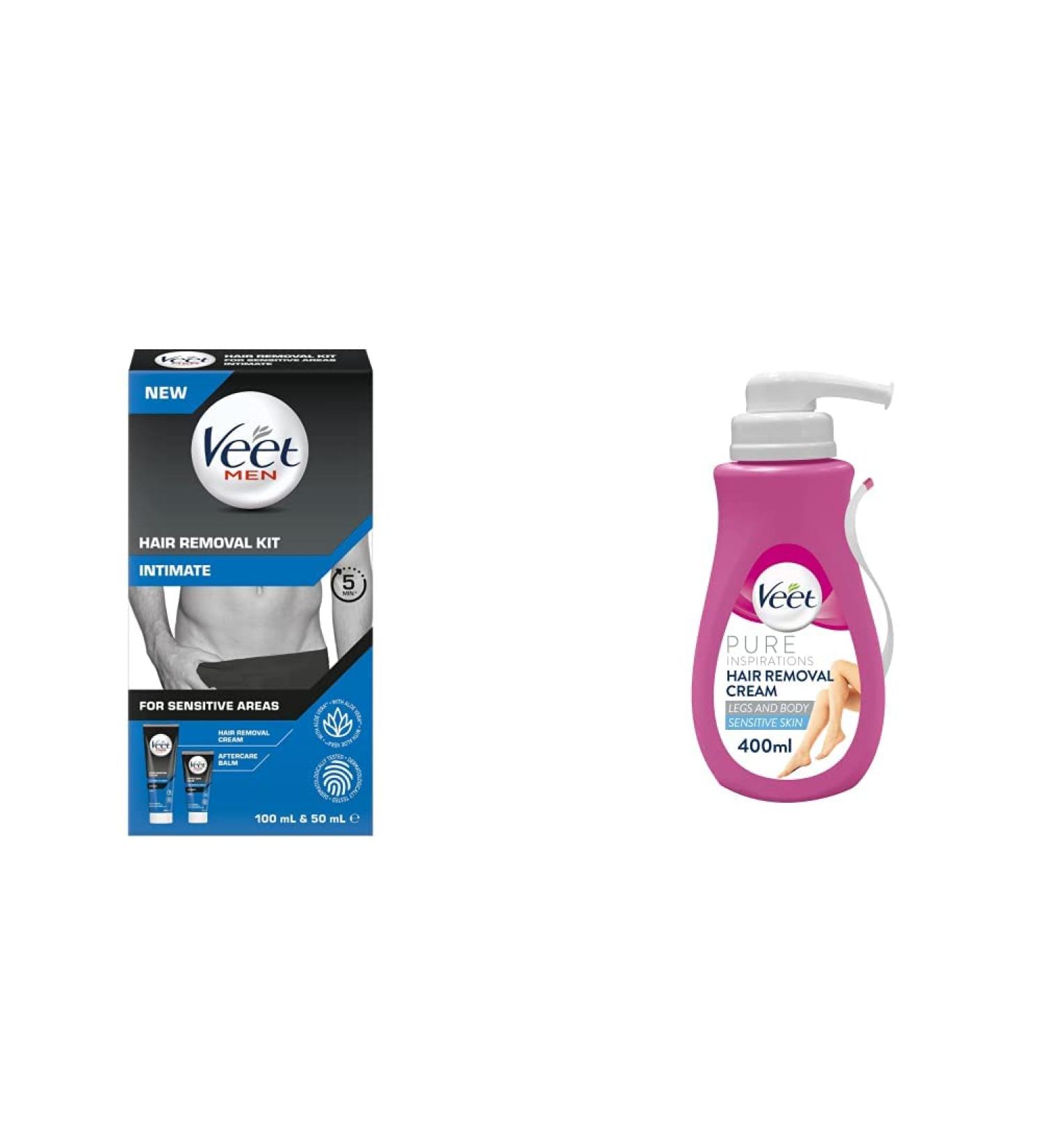 Veet Men Intimate Hair Removal Kit with Hair Removal Cream and Aftercare Balm 100 ml + 50 ml & Pure Inspirations Hair Removal Cream Aloe Vera And Vitamin E For Sensitive Skin 400 ml + Hair Removal Cream - Buy Online on SooperMarket.com