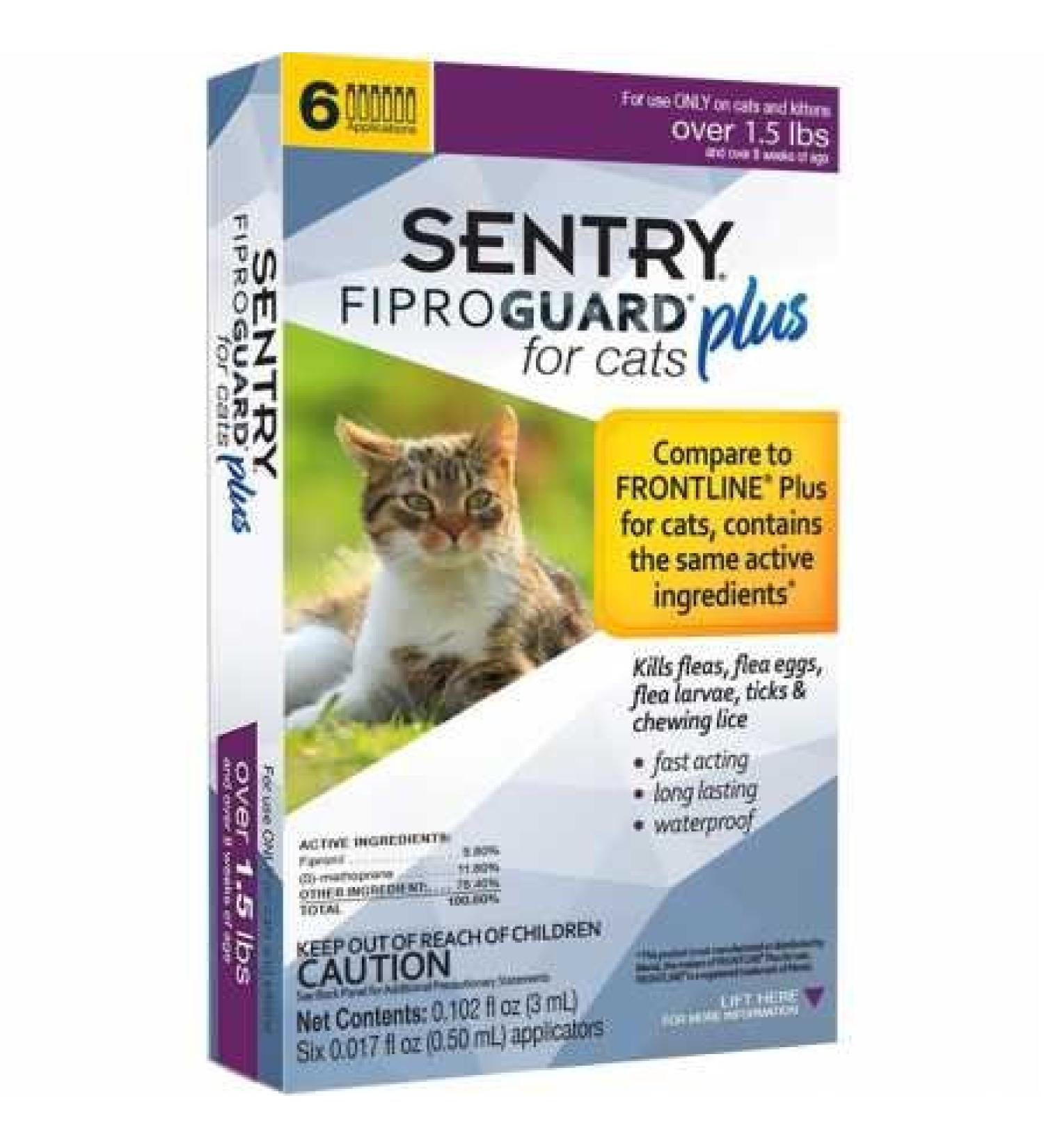 SENTRY Fiproguard Plus Flea and Tick Topical for Cats, 1.5 lbs and Over, 6 Month Supply