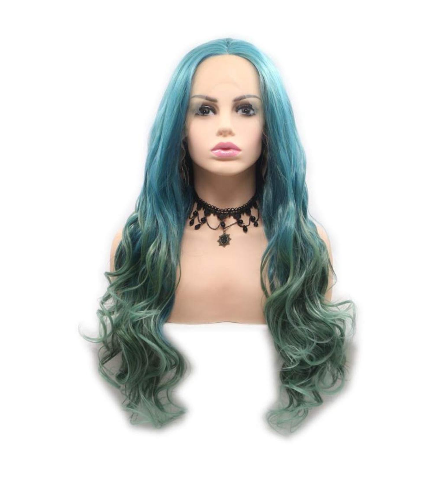SHIYID Heat Resistant Body Wave Two Tones Synthetic Lace Front Wig - Green & Blue for Women | Middle Parting - Buy Online on SooperMarket.com