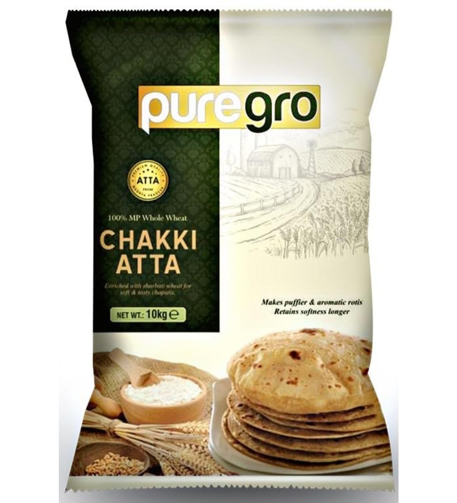 Puregro CHAKKI ATTA 10Kg | 100% Whole Wheat Traditional Indian Flour | Make Rotis & Chappatis | Made with Sharbati Wheat - Buy Online on SooperMarket.com