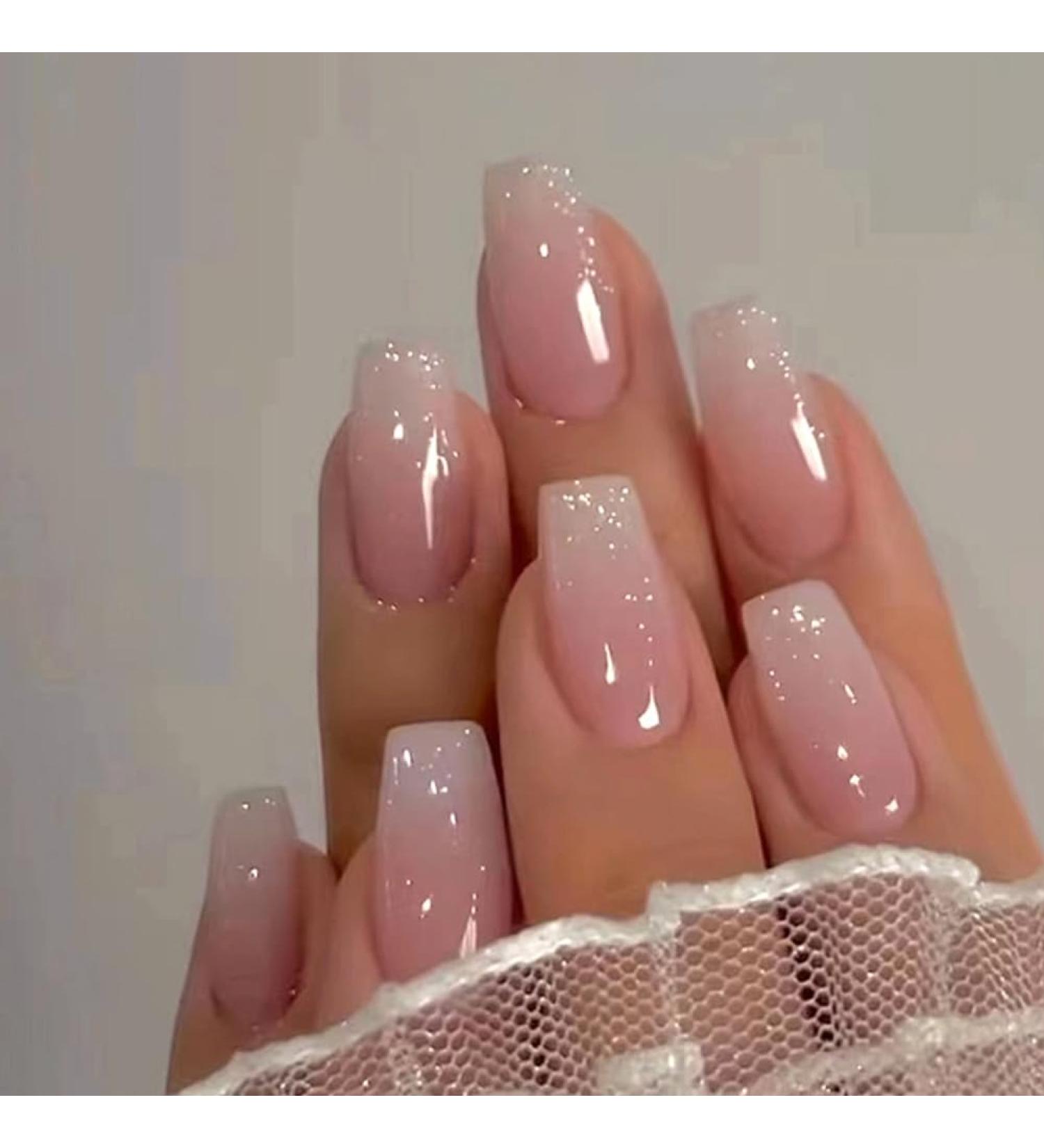 24Pcs Pink Ombre Acrylic Press On Nails - Medium Square Fake Nails with Glitter Designs for Women & Girls - Buy Online on SooperMarket.com