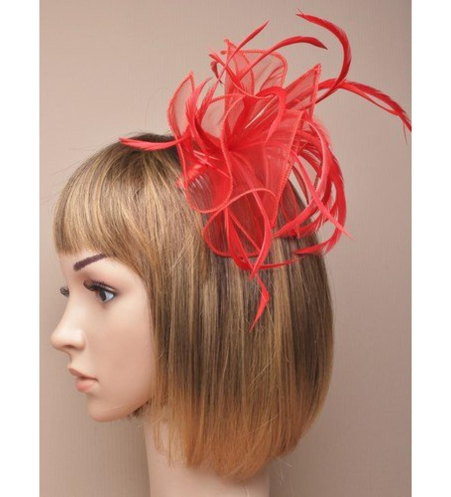 Large Red looped fabric and Feather Fascinator on a clear comb.