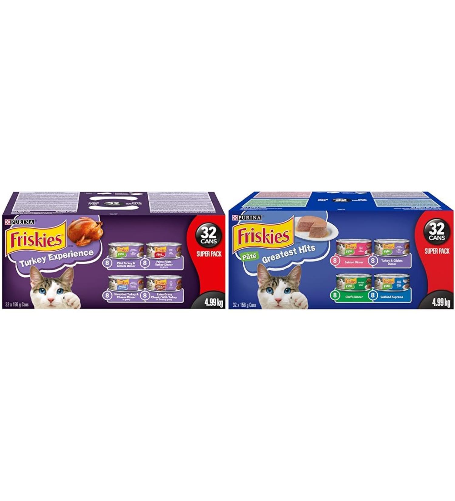 Purina Friskies Turkey Experience Wet Cat Food Super Pack 32 x 156g Cans Brown (44338) & Greatest Hits Wet Cat Food Pate Variety Pack 4 Flavours - 156 g Can (32 Pack) - Buy Online on SooperMarket.com