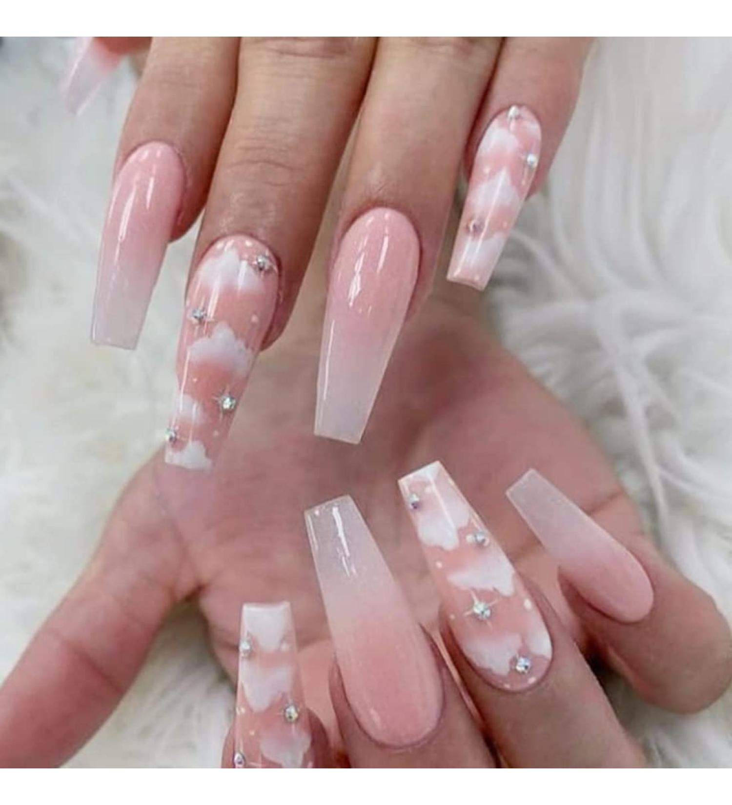 Gradient Pink Cloud Rhinestone Long Coffin False Nails - 24PCS Full Cover Press on Nails for Party, Prom, Women Style - Shop Now! - Buy Online on SooperMarket.com