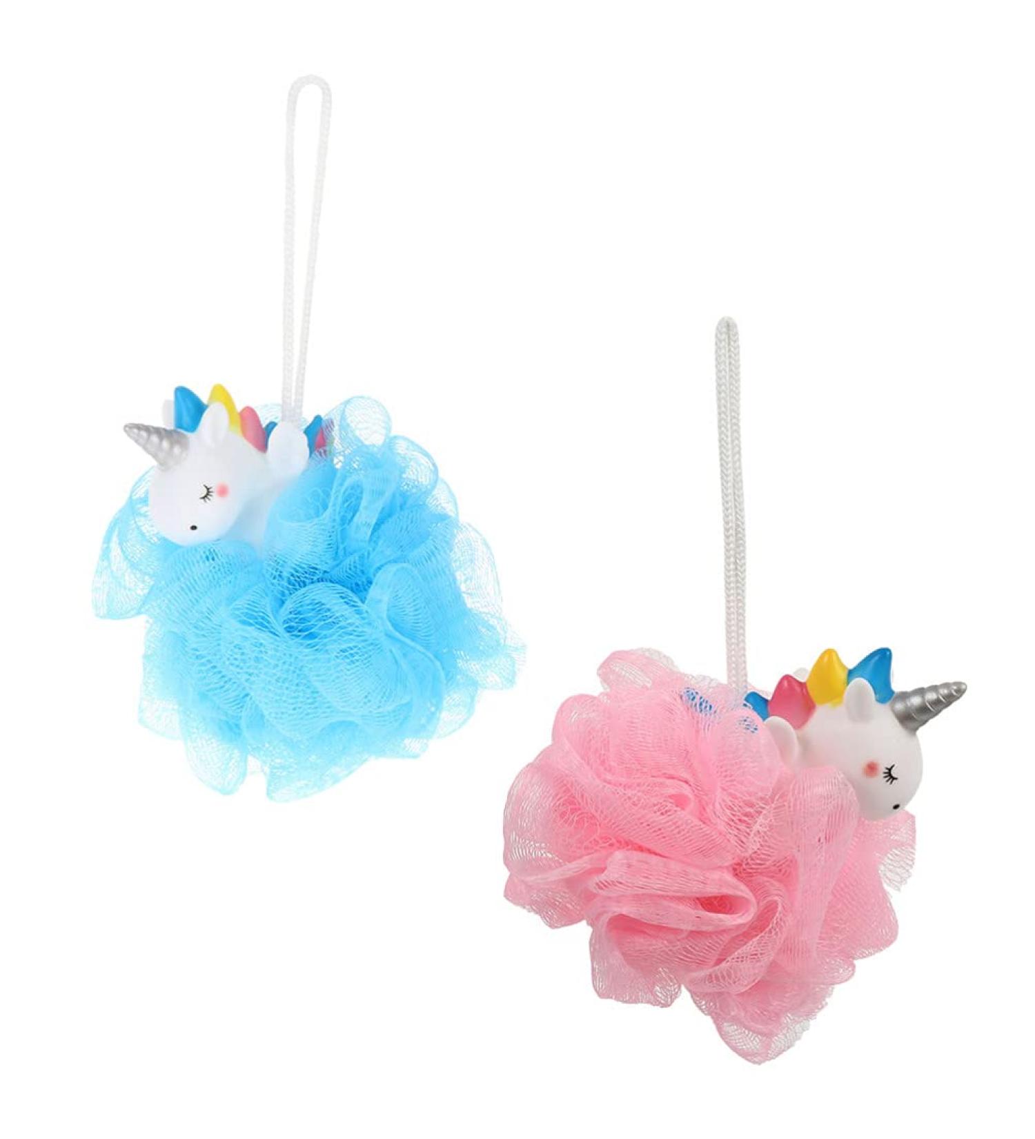 2pcs Unicorn Bath Mesh Shower Balls Pouf Loofahs for Kids - Exfoliating Bath Sponge Set in Pink and Blue - Buy Online on SooperMarket.com
