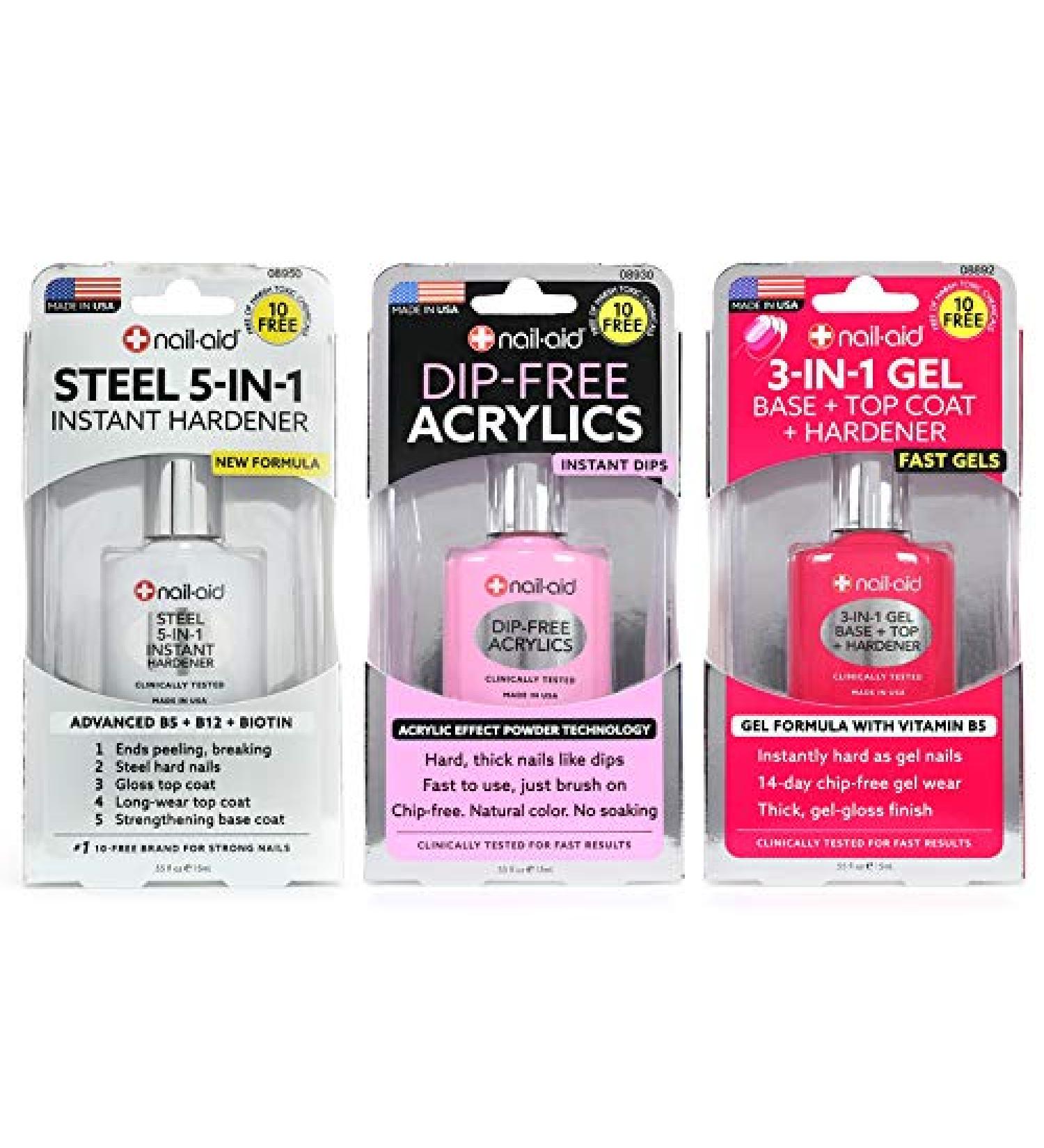 Nail-Aid 3pk Of Steel Hardener + Dip-free Acrylics + 3-in-1 Gel Top Coat, French Sheer, N/A, 1.65 Fl Ounce