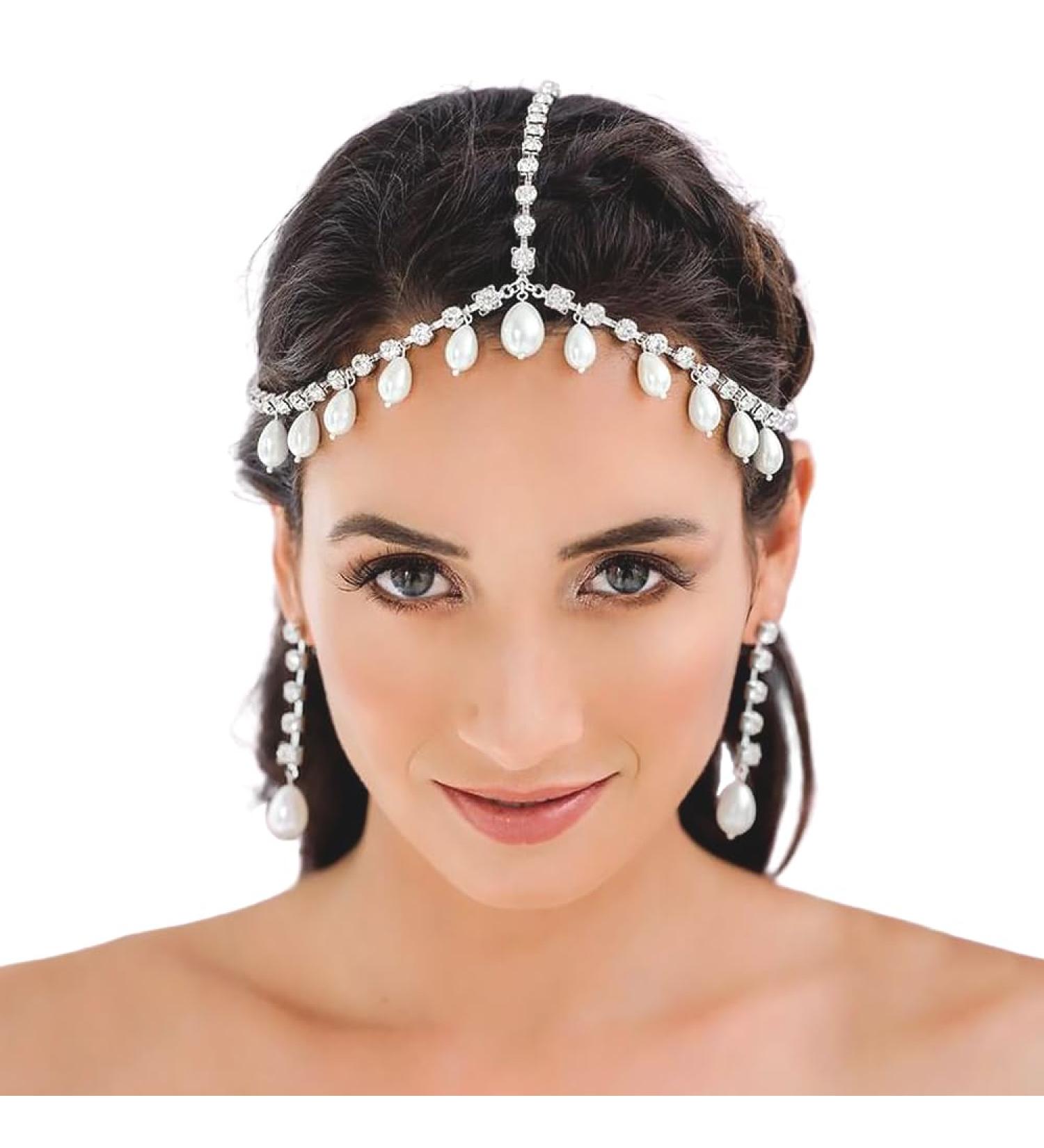 YAEISM Silver Head Chain Pearls Pendant Headpiece Sparkly Rhinestone Boho Headpiece Shiny Tassel Hair Chain Bridal Party Costume Hair Accessories for Women and Girls - Buy Online on SooperMarket.com
