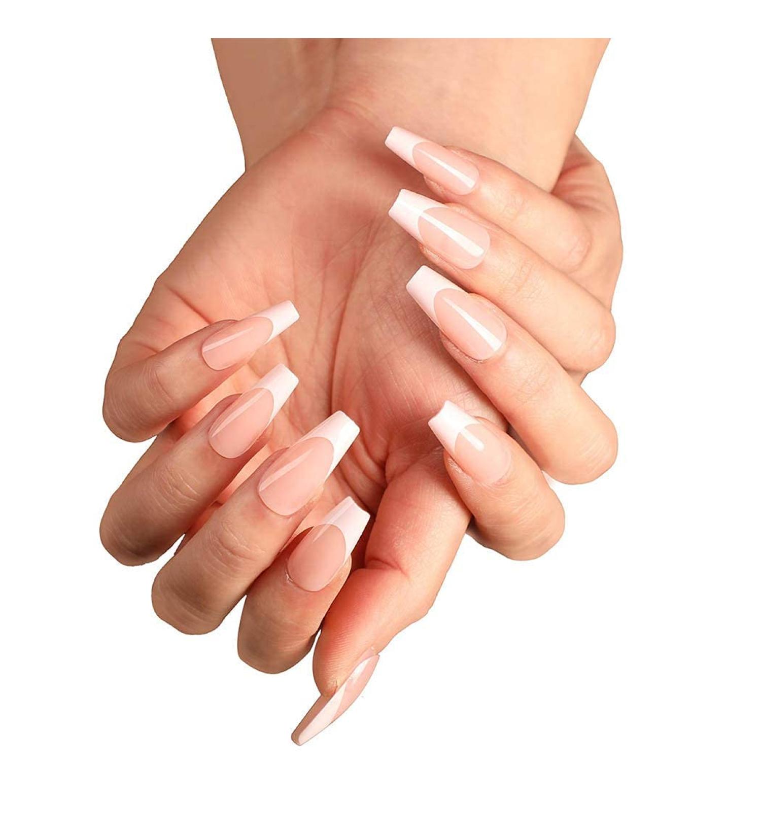 Aksod Long Coffin French Manicure Press on Nails Tips - Glossy Pink Fake Nails - 24Pcs Full Cover False Nails for Women and Girls - Buy Online on SooperMarket.com