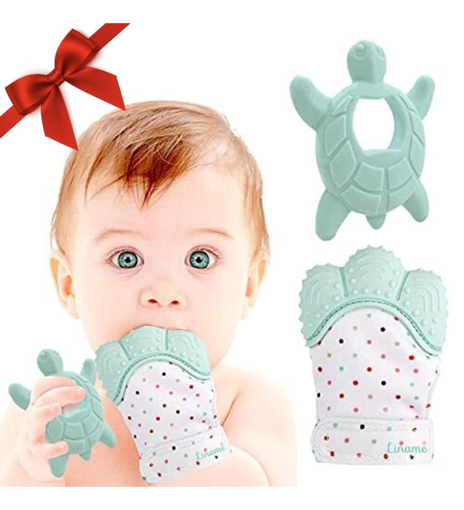 Liname 2 Pack Teething Mitten with Soothing Toy - Crinkle Sound and Textured Silicone - Blue - Buy Online on SooperMarket.com