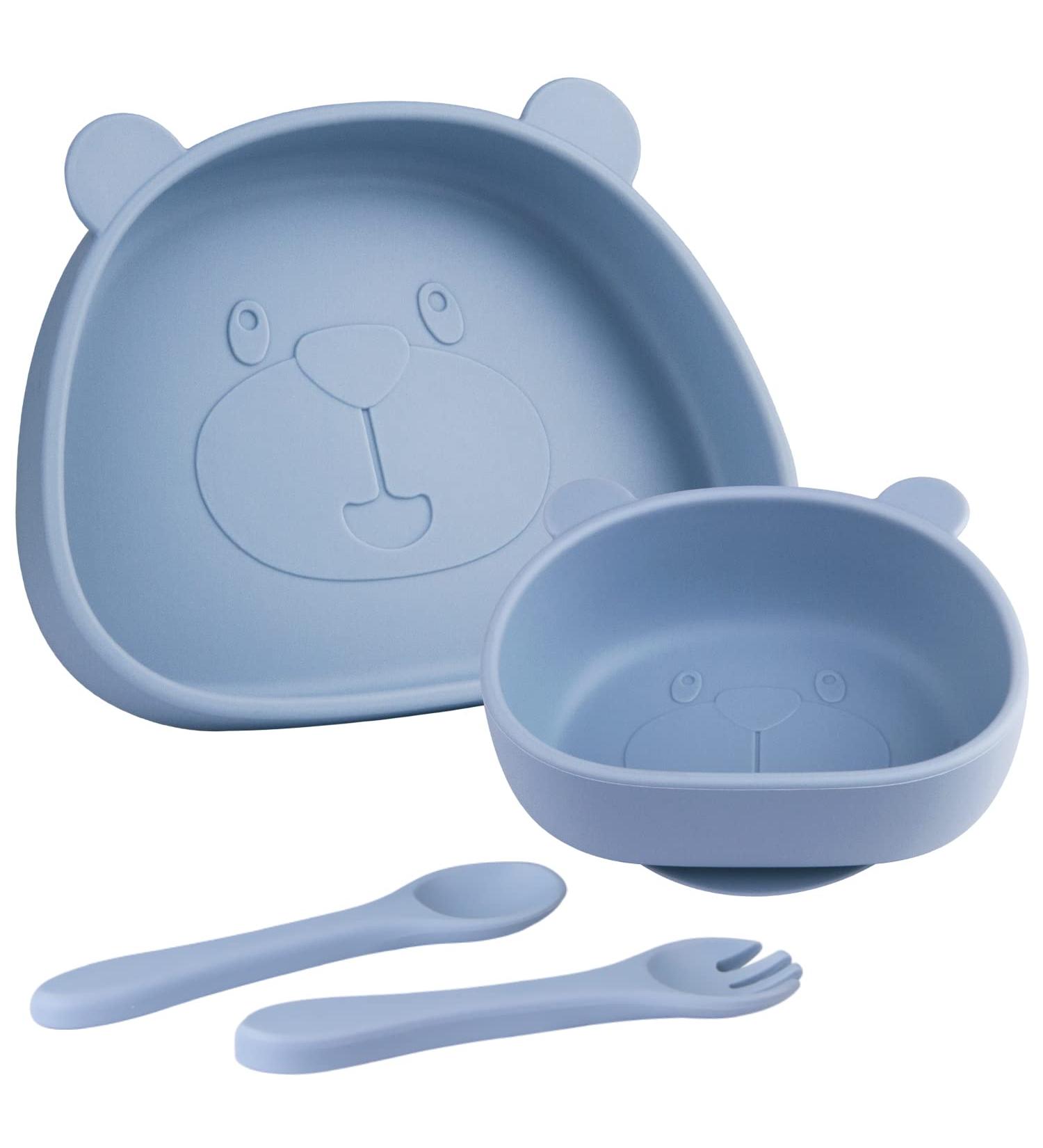 Qshare Suction Baby Plate and Bowl Set with Fork Spoon - BPA Free Silicone Feeding Set for Babies and Toddlers - Buy Online on SooperMarket.com