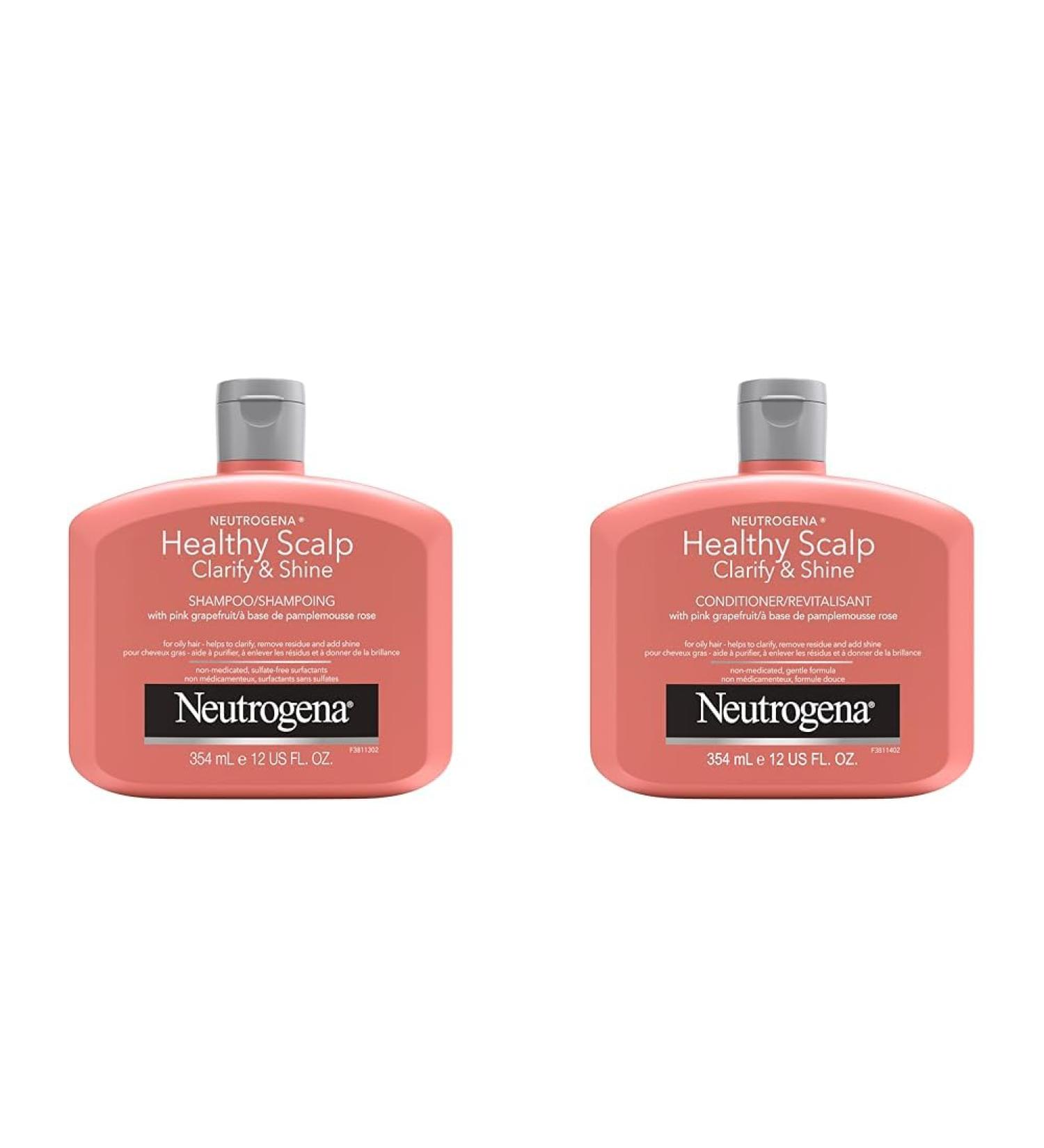 Pack of 2 - Neutrogena Exfoliating Healthy Scalp Clarify&Shine Shampoo + Conditioner for Oily Hair and Scalp Anti-Residue Shampoo with Pink Grapefruit pH-Balanced Paraben&Phthalate-Free 354 ml