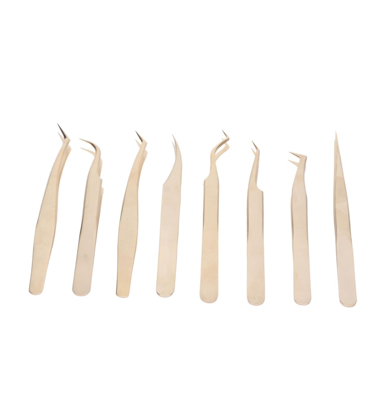 Eyeline 8-Part Eyelash Extension Tweezers Set | Steel Beauty Tools in Pearly Gold - Precision Tweezers for Lash Extensions - Buy Online on SooperMarket.com