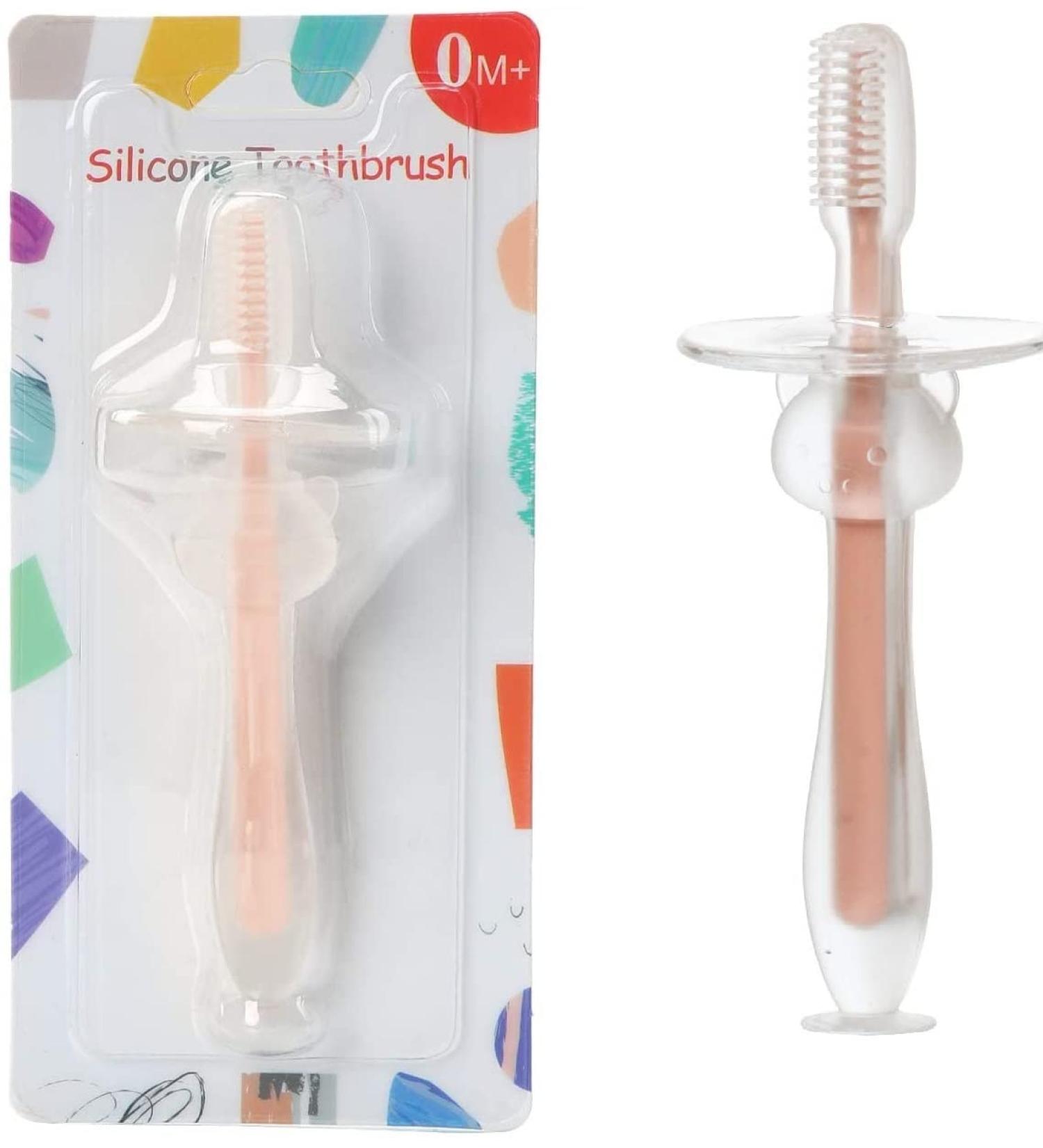 Infant Training Silicone Soft Toothbrush Food Grade 0-2 Years with Baffle BPA-Free Teeth Care can Stand Sucker Brush (Pink) - Buy Online on SooperMarket.com