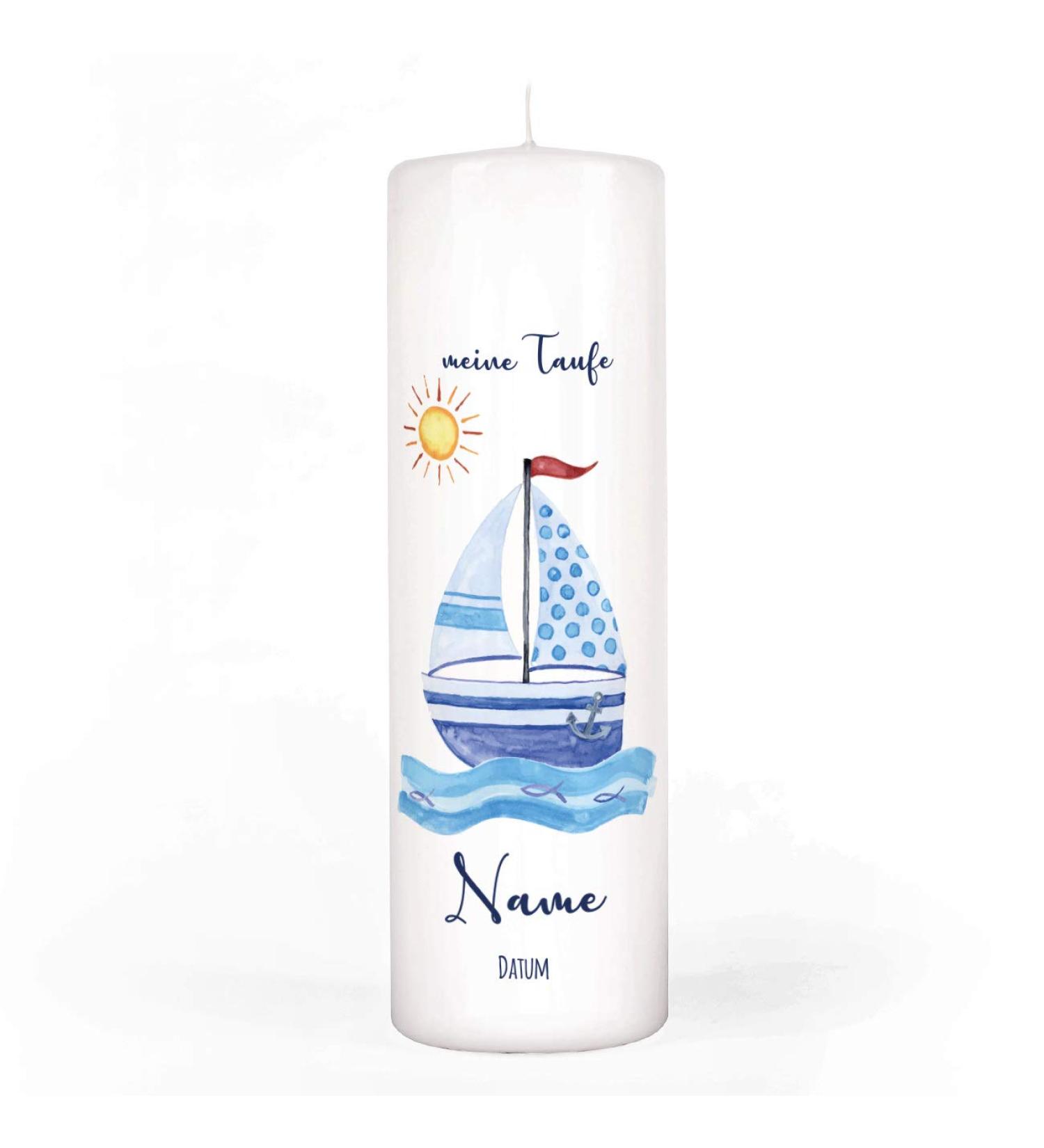 Striefchen Personalized Baptism Candle for Boys - Custom Name Date & Saying - 8x25 cm Sailing Ship Design | International Shipping - Buy Online on SooperMarket.com