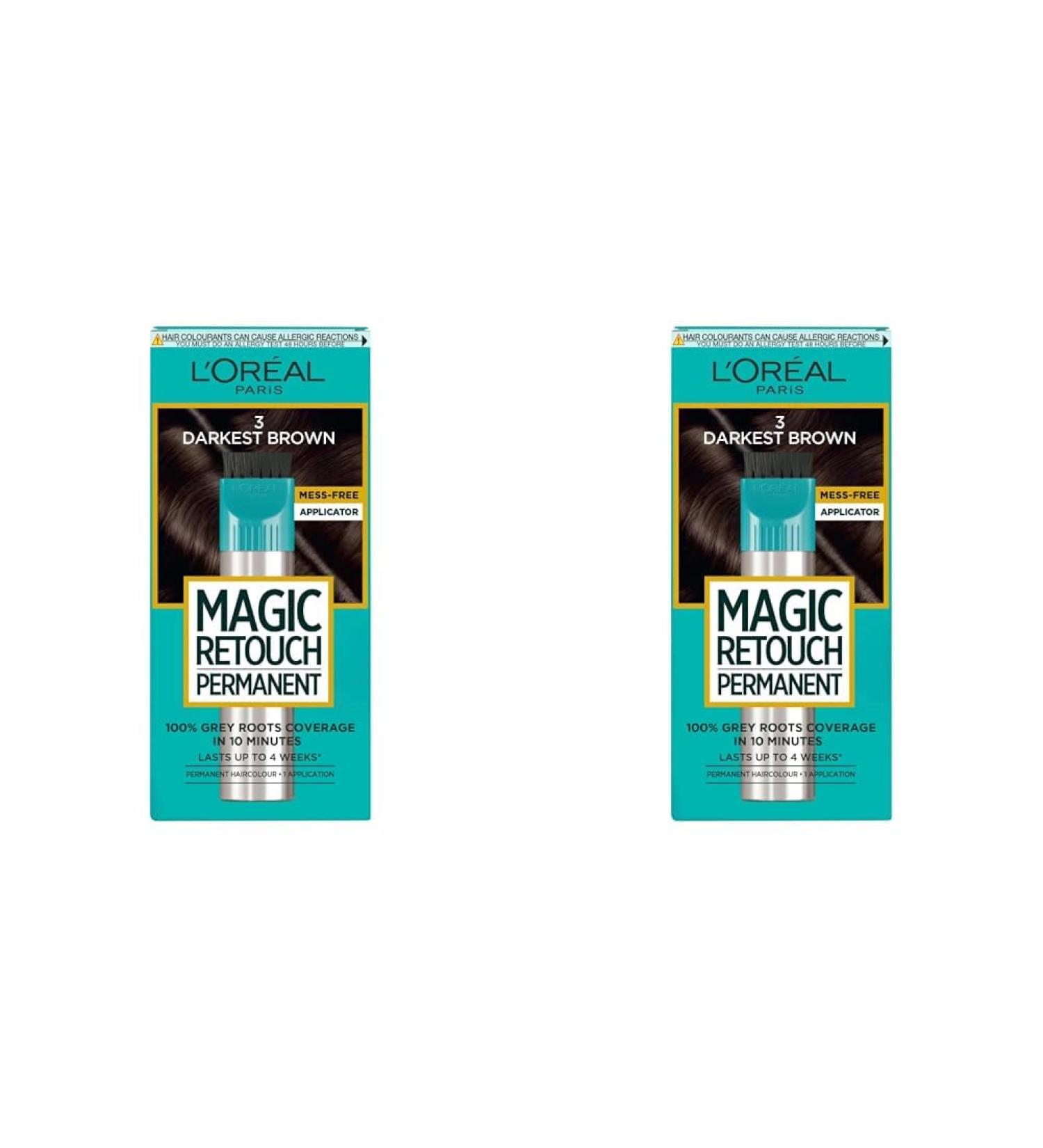 L'Or al Paris Magic Retouch Permanent Root Concealer Touching Up Grey Hair Dye Darket Brown 3 (Pack of 2) MAGIC RETOUCH PERMANENT 3 DARKEST BROWN 95 g (Pack of 2)