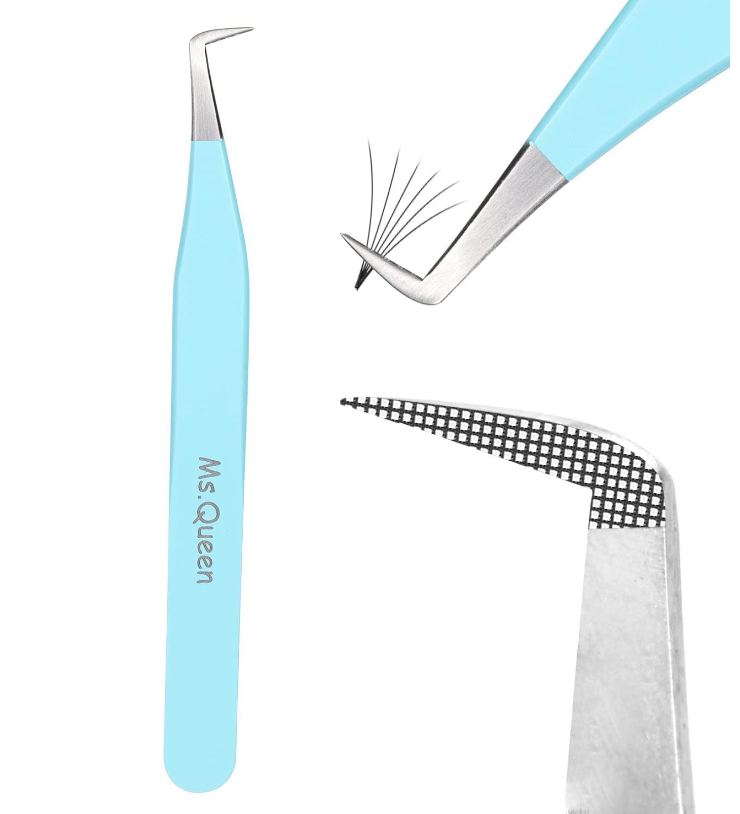 Ms. Queen Volume Fiber Tip Grip Lash Tweezers - Blue | L-Shape Boot Mega Volume Mink Lashes Tweezers - Buy Online on SooperMarket.com