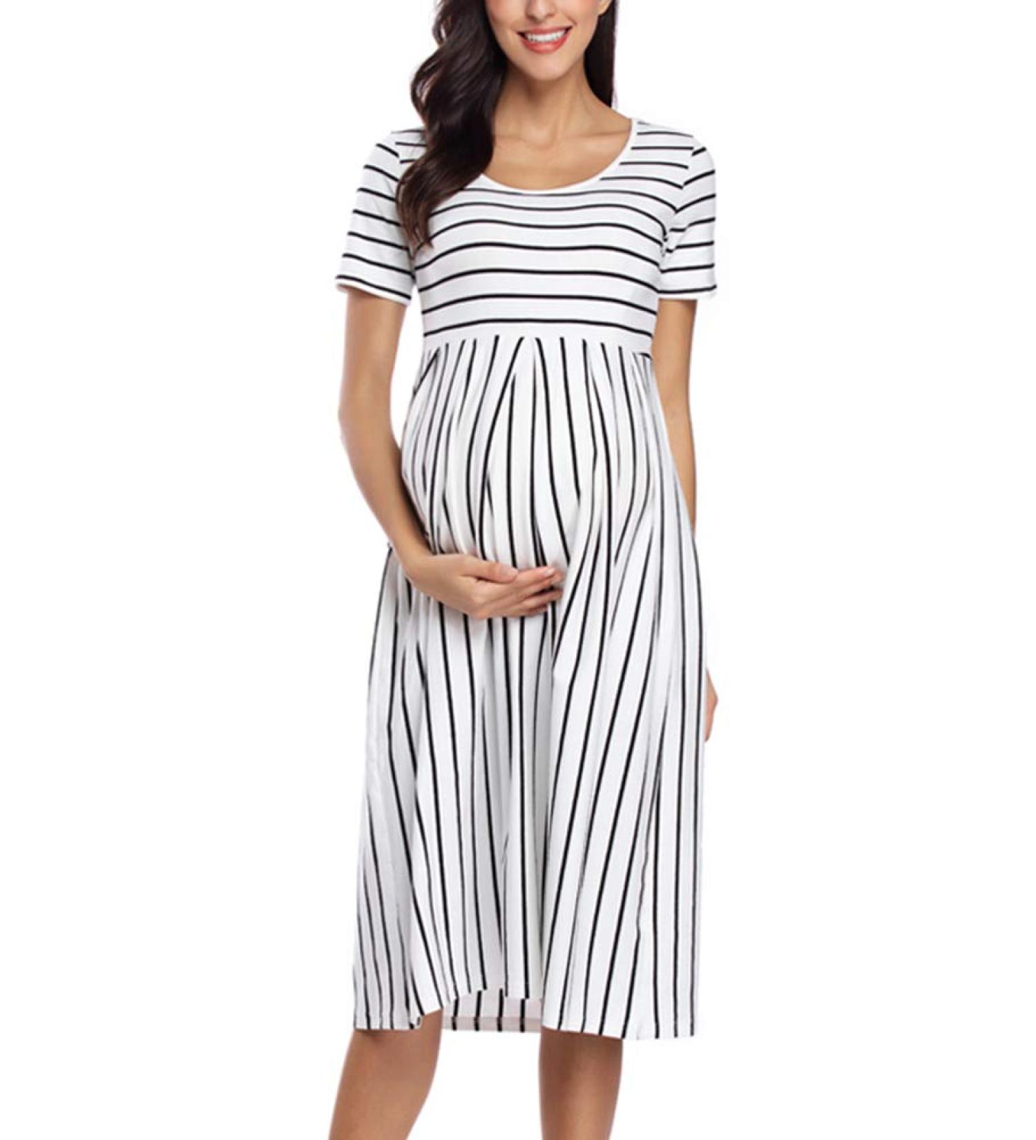 Love2Mi Women's Short-Sleeve Maternity Dress XL - Casual A-Line Midi Pregnant Dress in White Black Stripe - Buy Online on SooperMarket.com