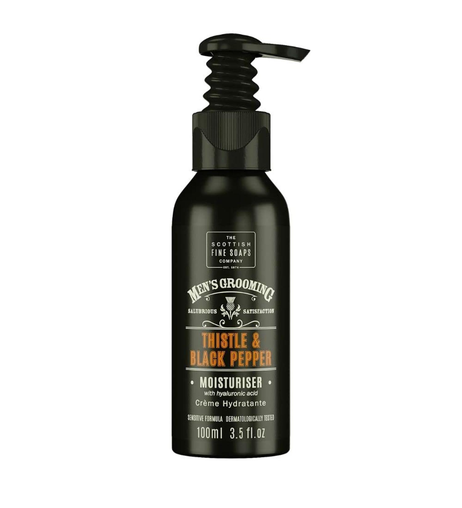 Scottish Fine Soaps - Thistle & Black Pepper Moisturiser - Skin Firming Hyaluronic Acid - Natual Sweet Almond Oil - Vegan Friendly - Fully Recyclable Aluminium Bottle -100ml