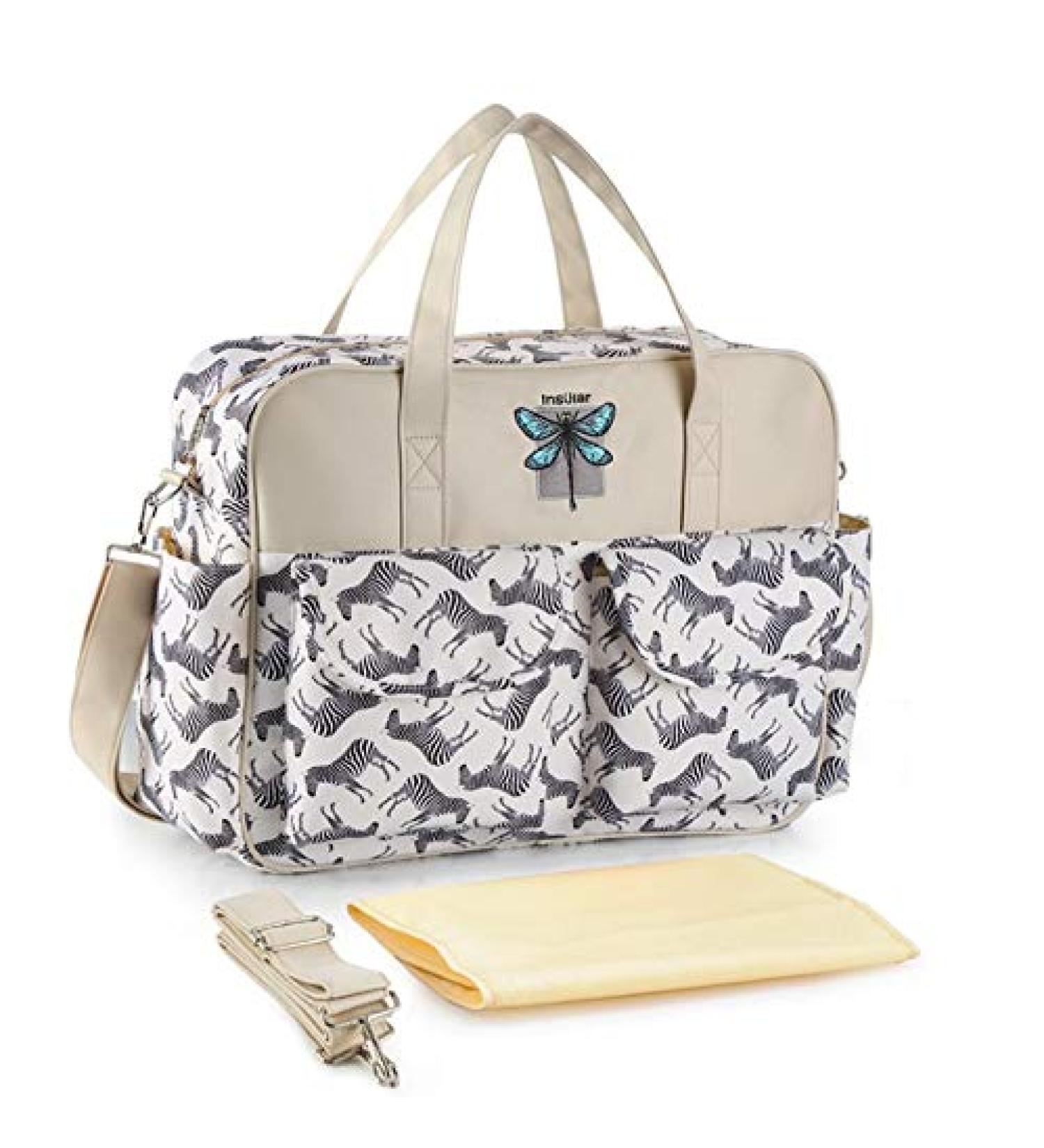 Insular Multifunctional Waterproof Mummy Shoulder Bag Diaper Bag Chic Nappy Changing Bag Tote/Messenger Style Large Light Weight with Changing Mat Adjustable Straps (Zebra)