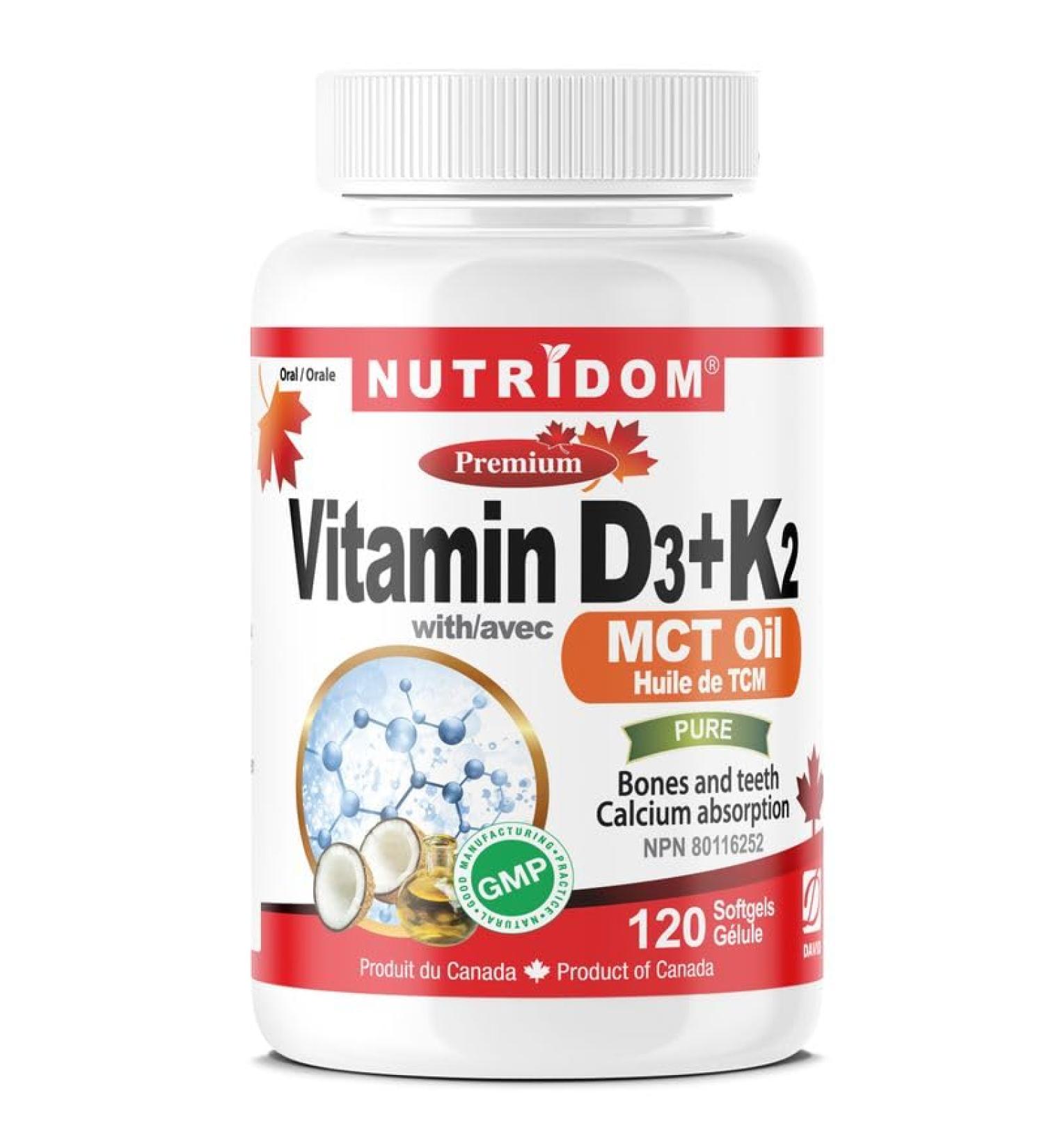 Nutridom Vitamin D3 1 000 IU + K2 MK-7 120 mcg with MCT Oil Cholecalciferol D3 + Natto-Derived Menaquinone-7 Non-GMO Free of Gluten Soy & Dairy (120 count) - Buy Online on SooperMarket.com