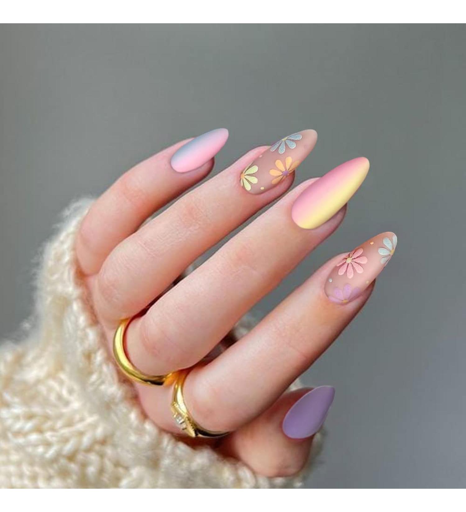 Matte Pink Daisy Flower Fake Nails Set with Glue - 24 Medium Almond Shape Purple Designs for Women and Girls - Buy Online on SooperMarket.com