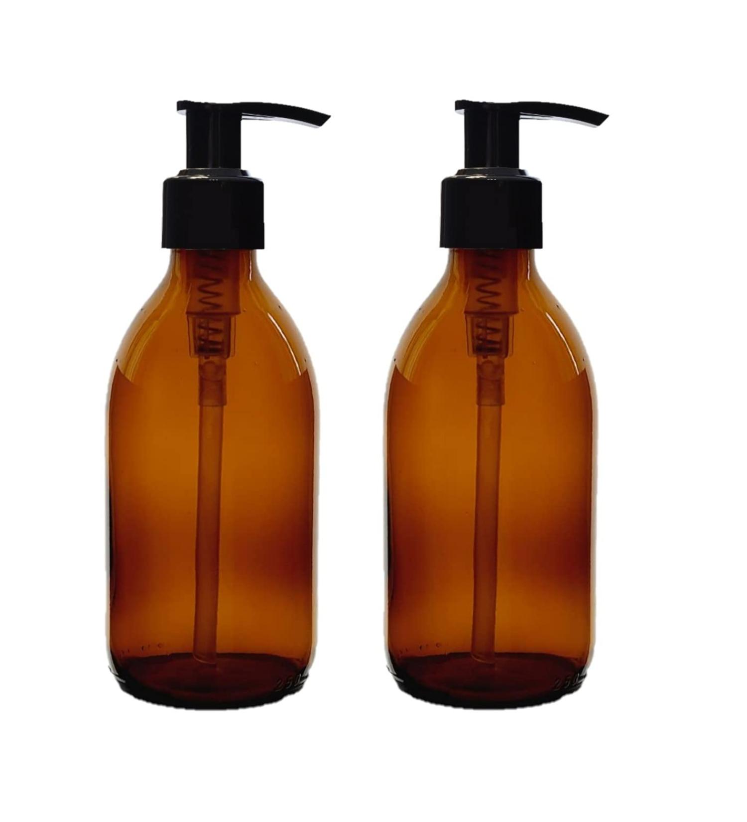 Avalon Amber Glass Bottles 250ml 8oz Soap Dispenser with Black Pumps (BPA-Free) Lotion Pump/Soap Dispensers Reusable Refillable Eco Friendly Sustainable Living/Gift - Pack of 2 - Buy Online on SooperMarket.com