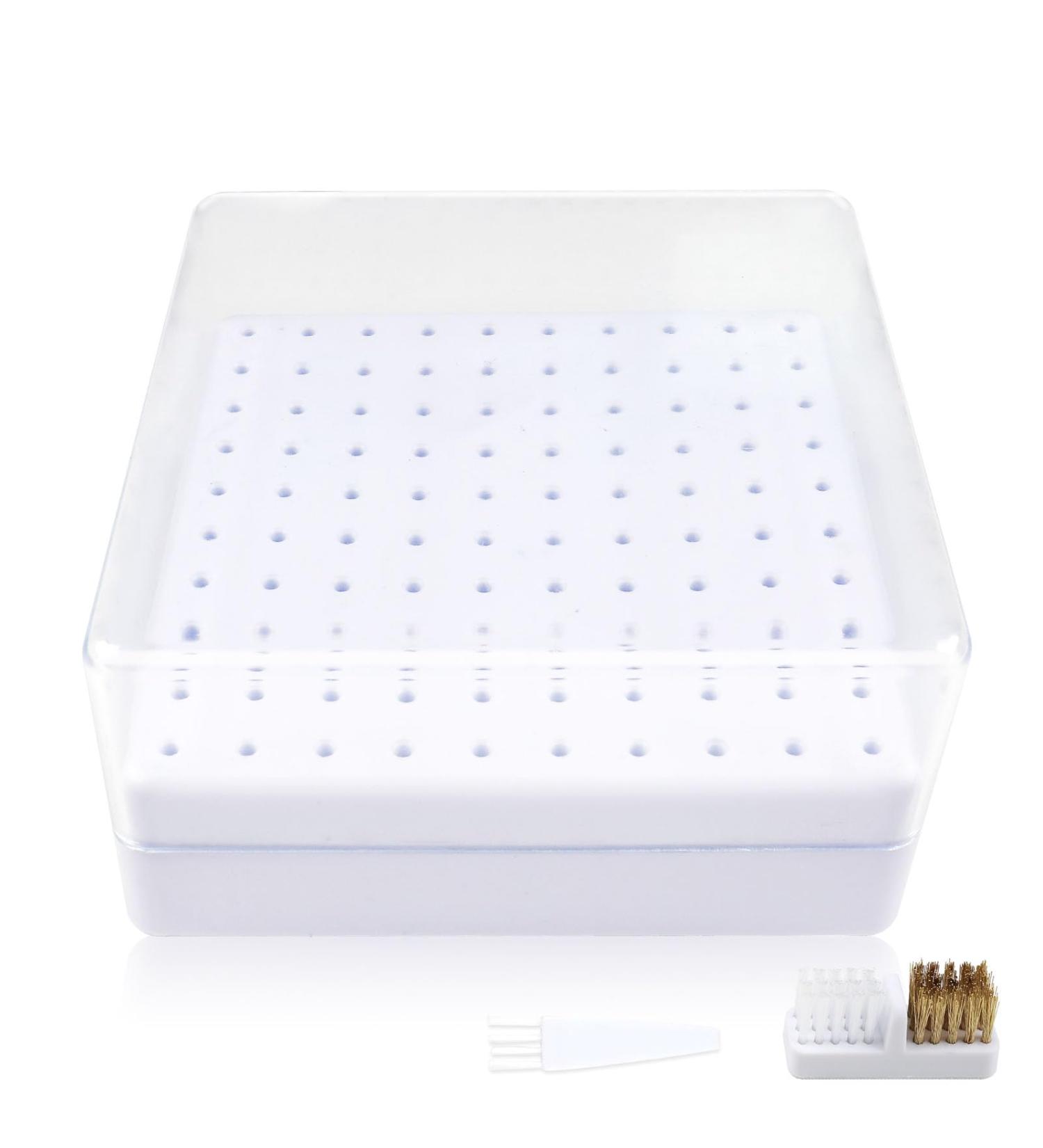 Nail Drill Bits Holder & Cleaning Brush - 100 Holes Dustproof Storage Box for Nail Art | Nail Tech Essentials (White - Buy Online on SooperMarket.com