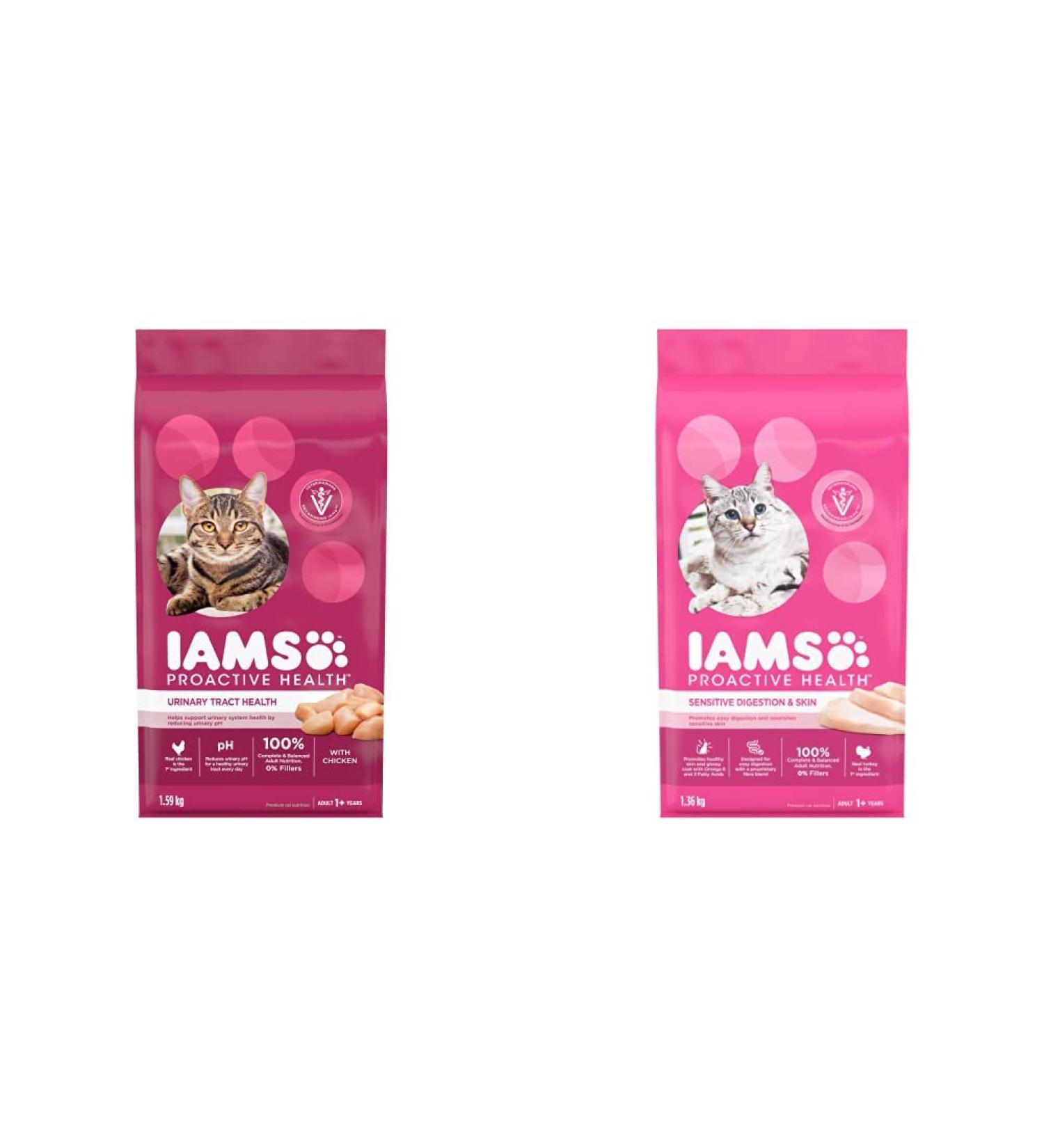 IAMS Proactive Health Dry Cat Food Adult - Urinary Tract Health with Chicken (1.59kg) + Sensitive Digestion & Skin with Turkey (1.36kg) Chicken 1.59 kg (Pack of 1) Urinary Tract + Cat Food 1.36kg - Buy Online on SooperMarket.com