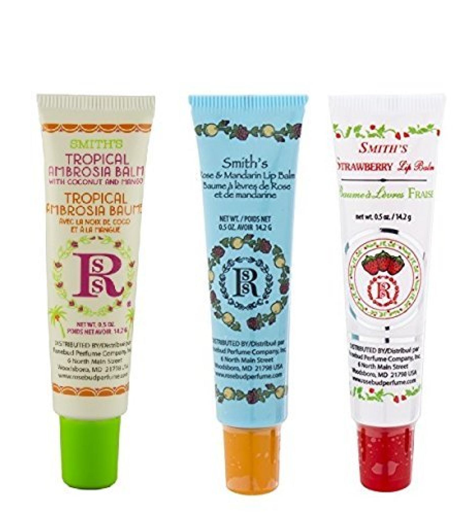 Rosebud Perfume Co. Tube 3 Pack: Tropical Ambrosia, Rose & Mandarin, Strawberry, Mango Lip Balms - Buy Online on SooperMarket.com