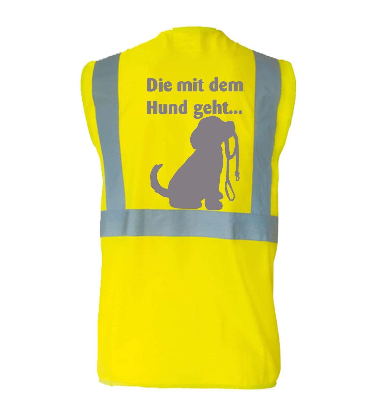 Funny Yellow Safety Vest for Dog Owners - XXL 'DIE mit dem Hund gehen' - International Shipping - Buy Online on SooperMarket.com