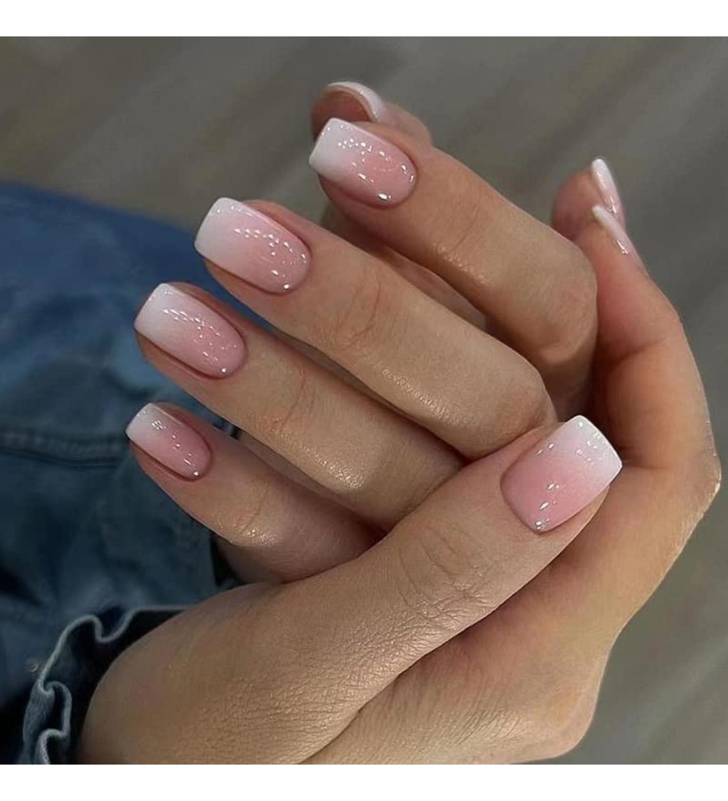 Mouyou Short Square Press On Nails - Nude Pink Gradient White Full Cover Artificial Fingernails with Glue for Women & Girls - F7 - Buy Online on SooperMarket.com