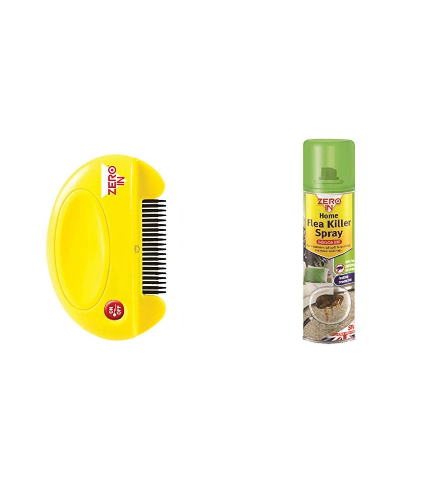 Zero In Flea Killer Comb (Poison-Free Electric Flea and Tick Comb for Use on Cats and Dogs) + Flea Spray 300ml - Buy Online on SooperMarket.com