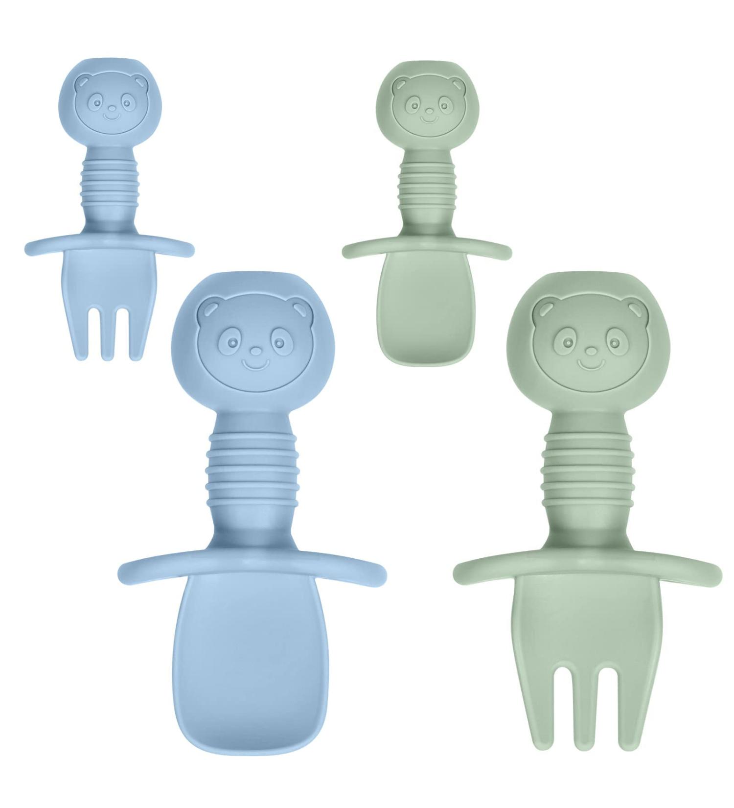 Vicloon Baby Fork and Spoon Set - 4Pcs Silicone Self Feeding Utensil for Easy Grip | Toddler Cutlery Kit for Infant & Children | First Led Training Weaning Spoons - Blue-light Green - Buy Online on SooperMarket.com