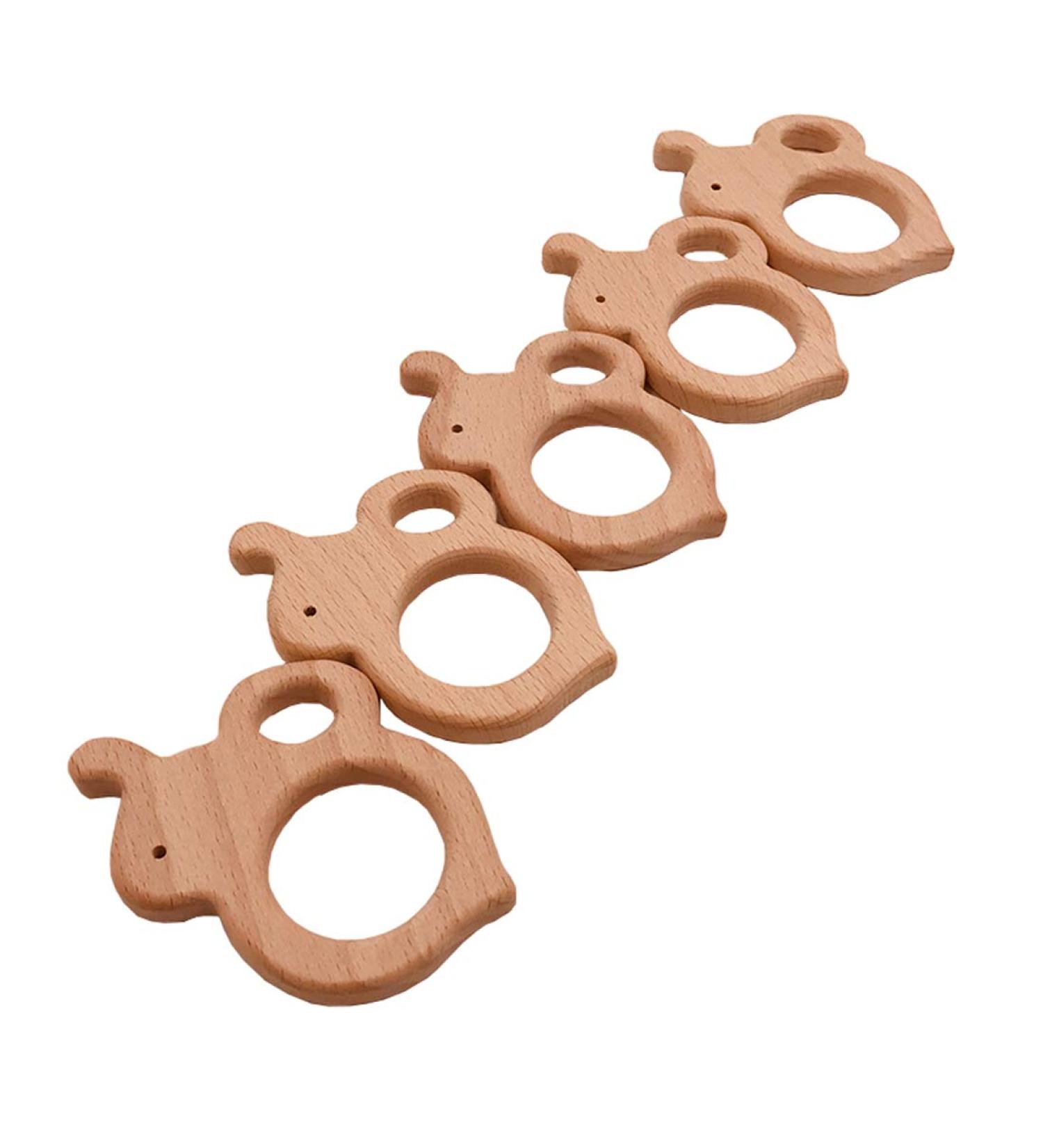 Wendysun 5pcs Cartoon Wood Teether Set - Natural Animal Round Bee Shape Baby Teething Toy - Buy Online on SooperMarket.com