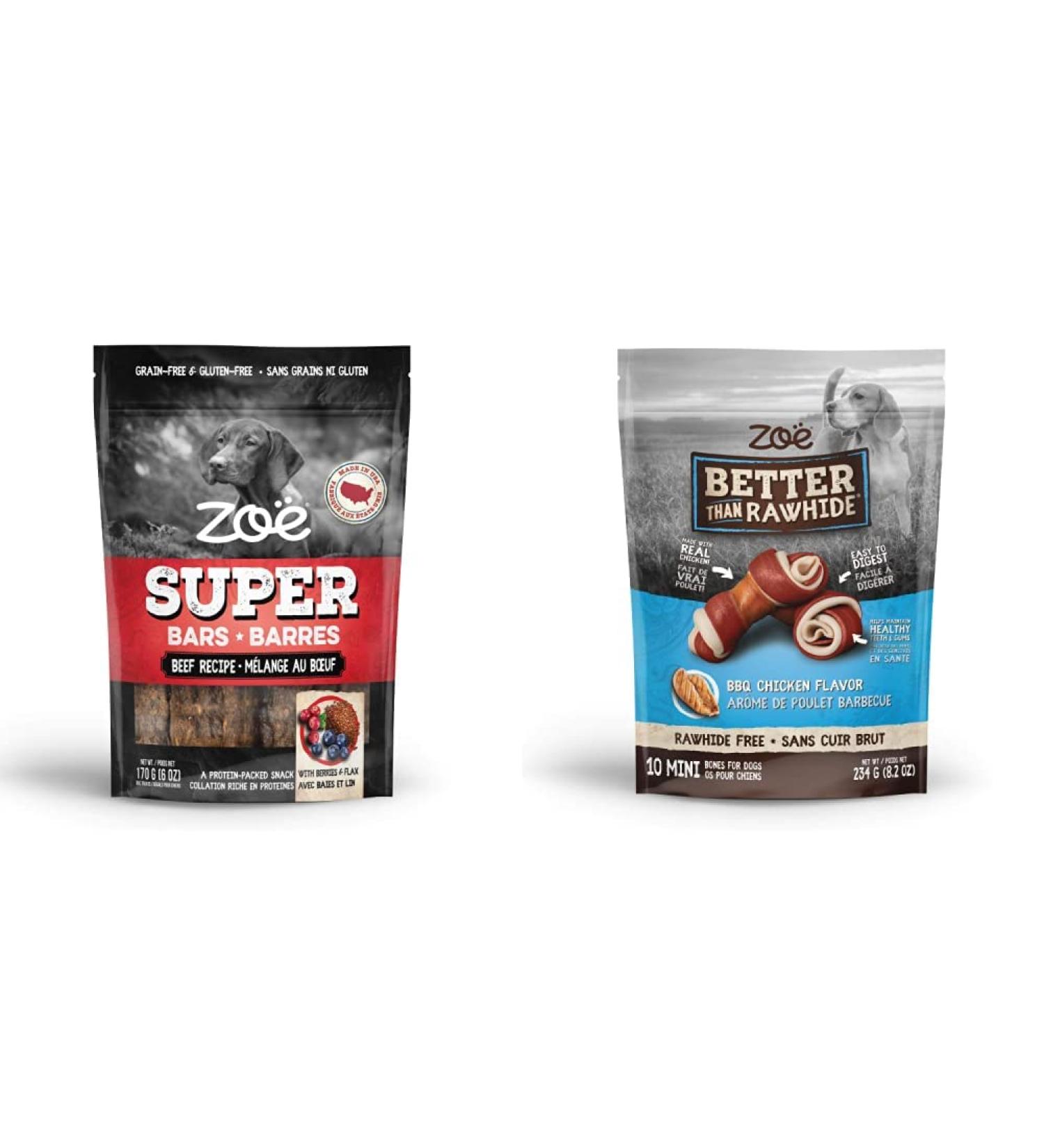 Zoe Super Bars - Beef Recipe - 170 g (6 oz) & Zo Better than Rawhide Bones for dogs Mini BBQ Chicken Flavor (8.2 oz) 234 g (Pack of 1)