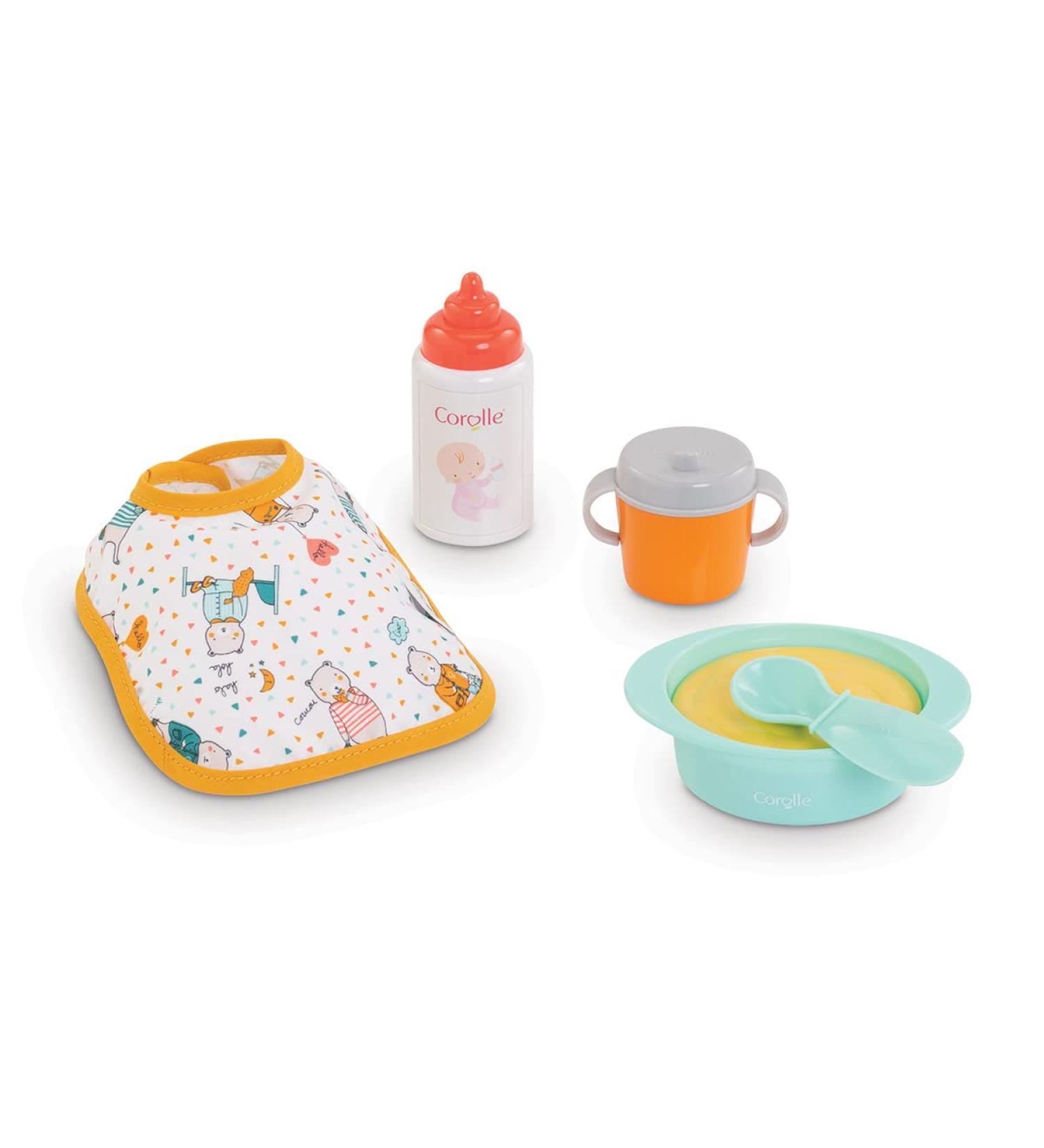 Corolle Mon Premier Poupon Mealtime Set - 5-Piece Accessory Set Includes Feeding Bottle  Cup  Bib  Feeding Dish & Spoon  fits 12'' Baby Dolls  for Kids Ages 18 Months & up  Blue  Orange  Yellow