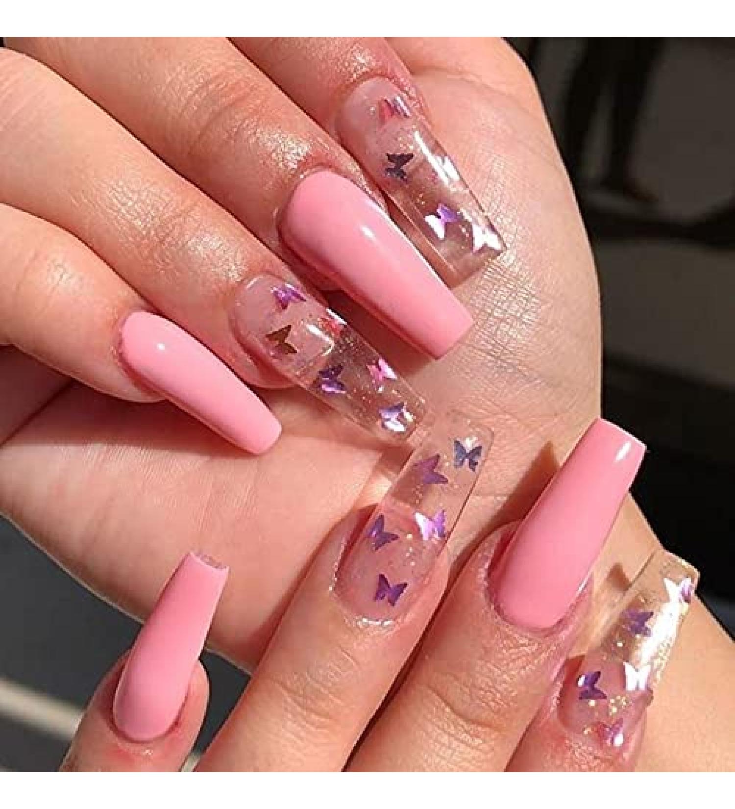 Aksod Pink Gradient Press on Nails with Butterfly Glitter Long Square Coffin False Nails for Women and Girls - Buy Online on SooperMarket.com