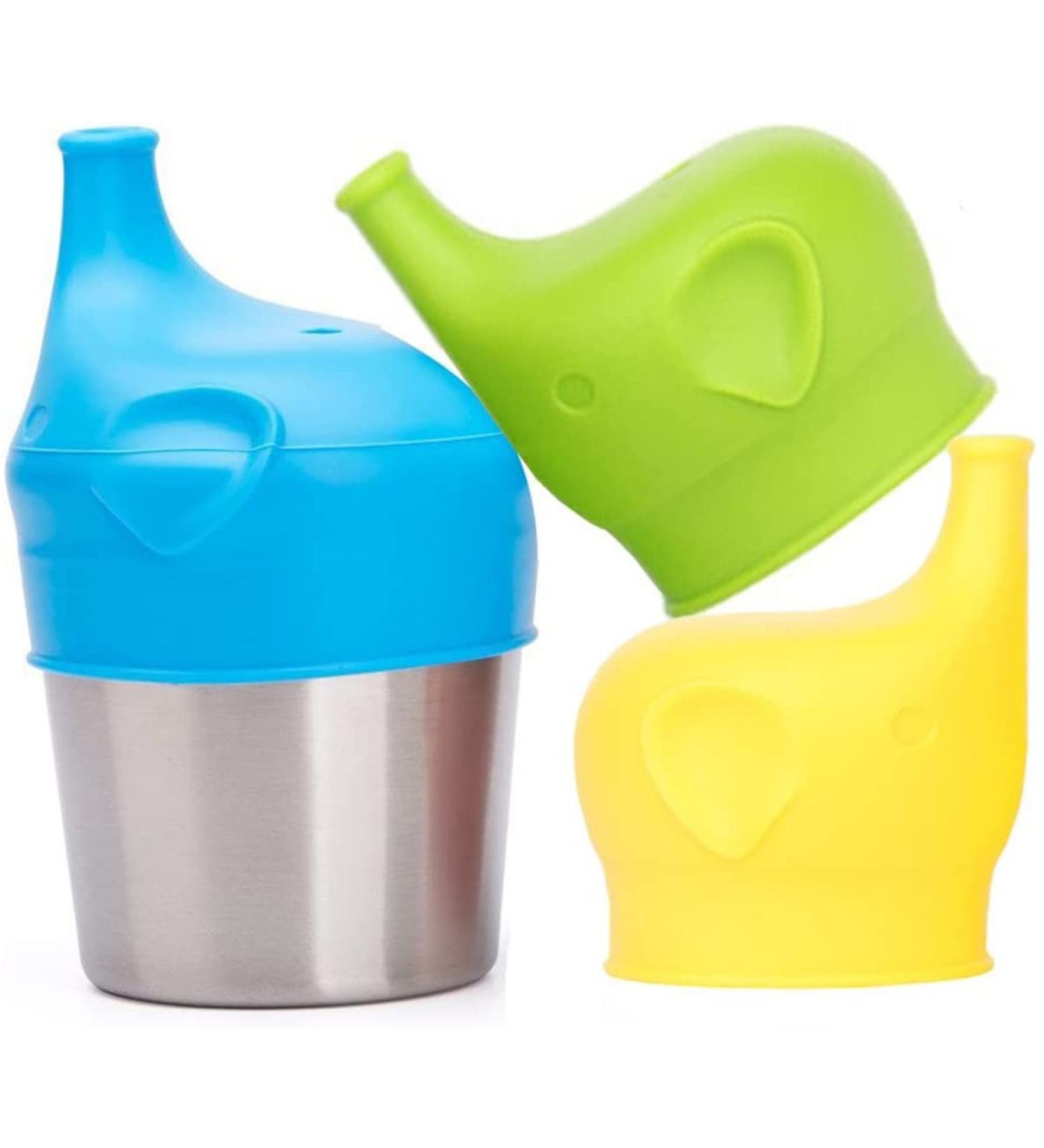 Scoolr Baby Sippy Cup Lids 3pcs: Elephant Spill Proof Silicone Sippy Lids for Kids - Blue, Green, Yellow - Buy Online on SooperMarket.com