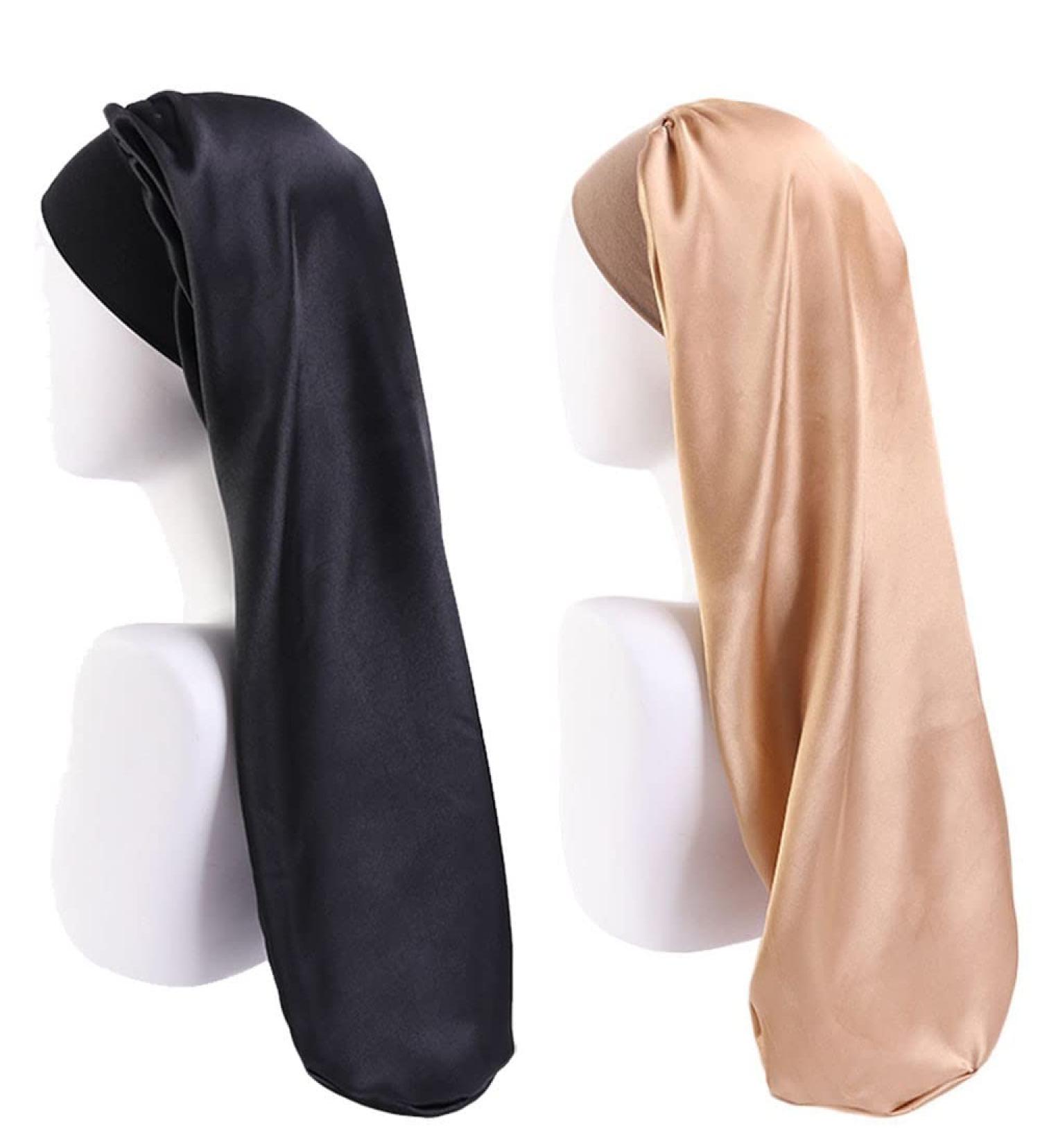Ladaypoa Long Satin Sleeping Cap - 2 Large Sleeping Hats for Women | Extra Large Soft Satin Sleep Caps for Long Braids | Comfortable Black & Gold with Wide Elastic Ribbon - Buy Online on SooperMarket.com