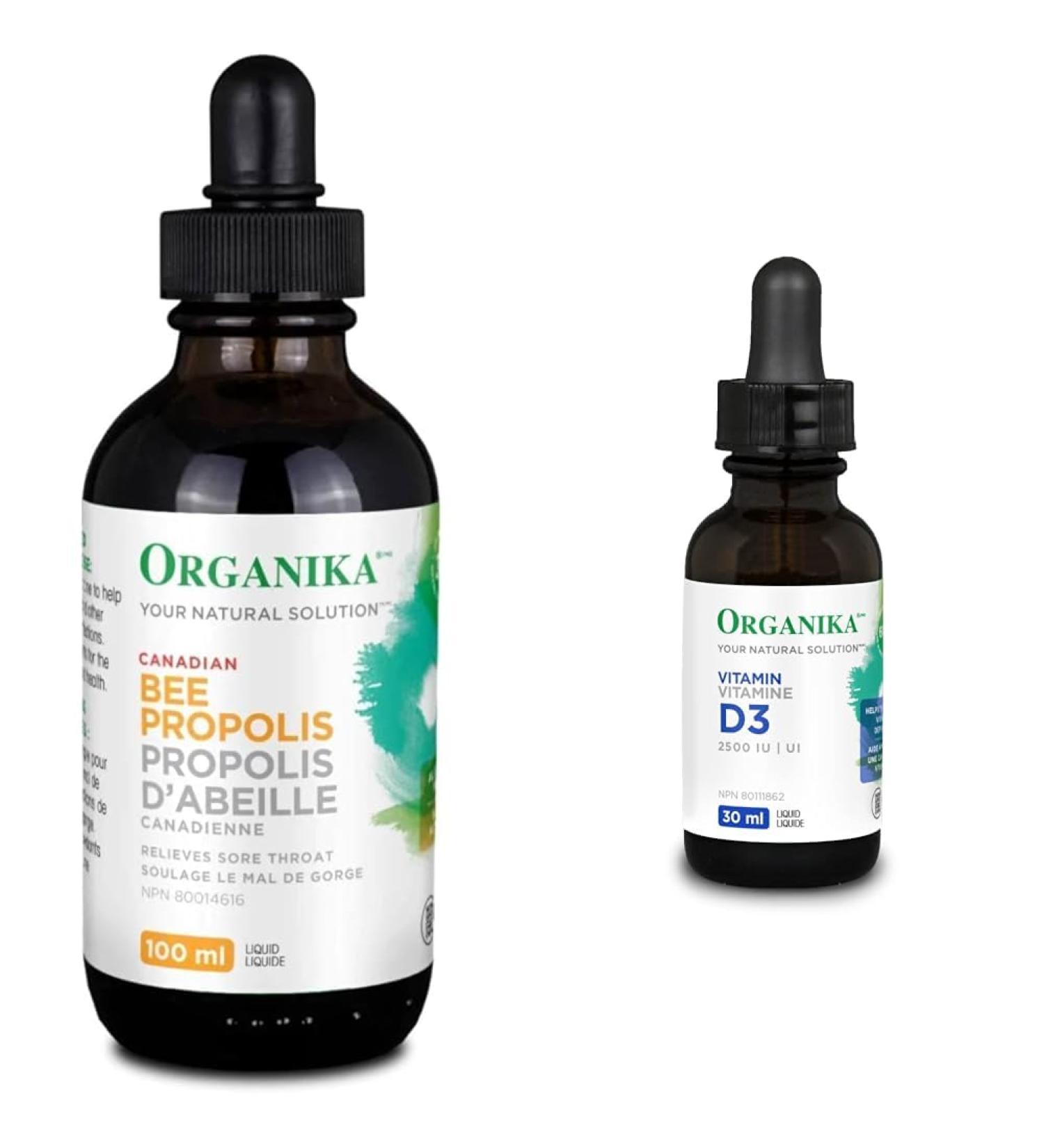 Organika Bee Propolis Liquid- Natural Immune Support Sore Throat Relief Antioxidant Alcohol-Free- 100 ml & Vitamin D3 Liquid 2500IU- Olive Oil Base Immune System Support- 30ml 100ml Immune Support + SUPPLEMENT 3964 - Buy Online on SooperMarket.com