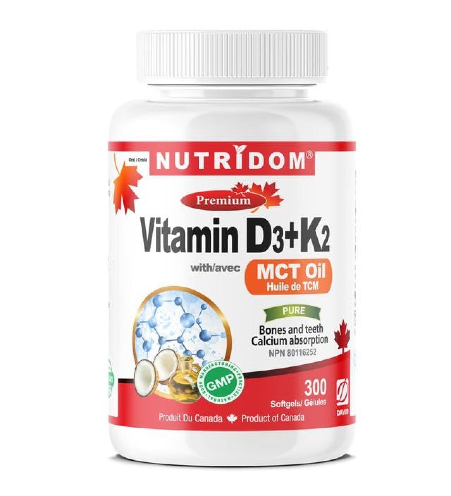 Nutridom Vitamin D3 1 000 IU + K2 MK-7 120 mcg with MCT Oil Cholecalciferol D3 + Natto-Derived Menaquinone-7 Non-GMO Free of Gluten Soy & Dairy (300 count) - Buy Online on SooperMarket.com