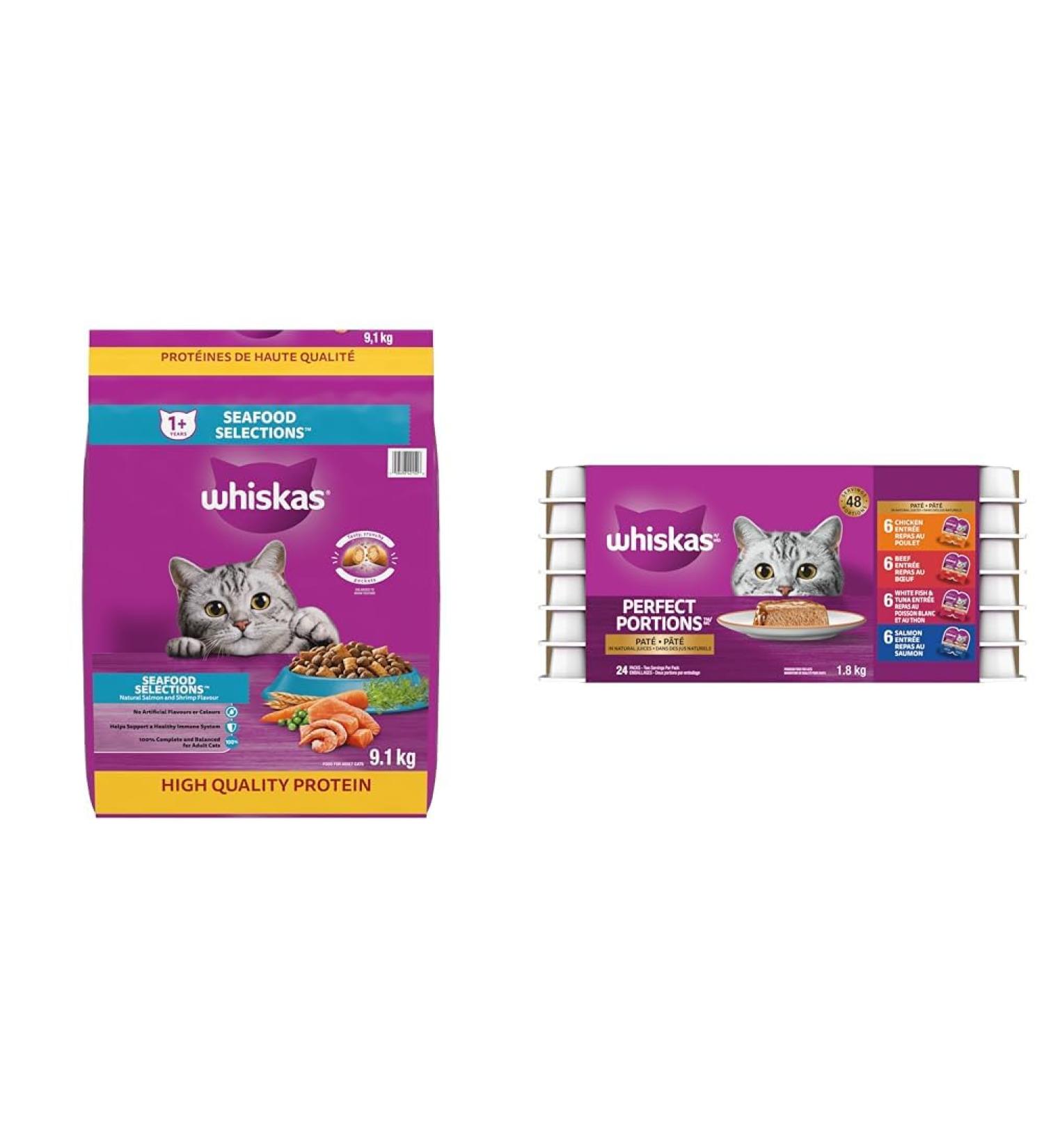 WHISKAS Seafood Selections Adult Dry Cat Food with Real Salmon 9.1kg Bag & Perfect Portions Adult Wet Cat Food - Chicken Beef Whitefish and Tuna Salmon 75g Trays (24 Pack) - Buy Online on SooperMarket.com