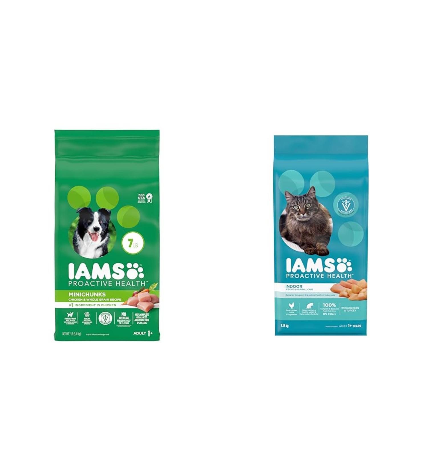 IAMS Proactive Health Minichunks Dog Food Dry Adult & Proactive Health Dry Cat Food Adult - Indoor Weight & Hairball Care - Chicken & Turkey 3.18kg Bag 3.18 kg (Pack of 1) Mini Chunks + Cat Food 3.18kg Bag - Buy Online on SooperMarket.com