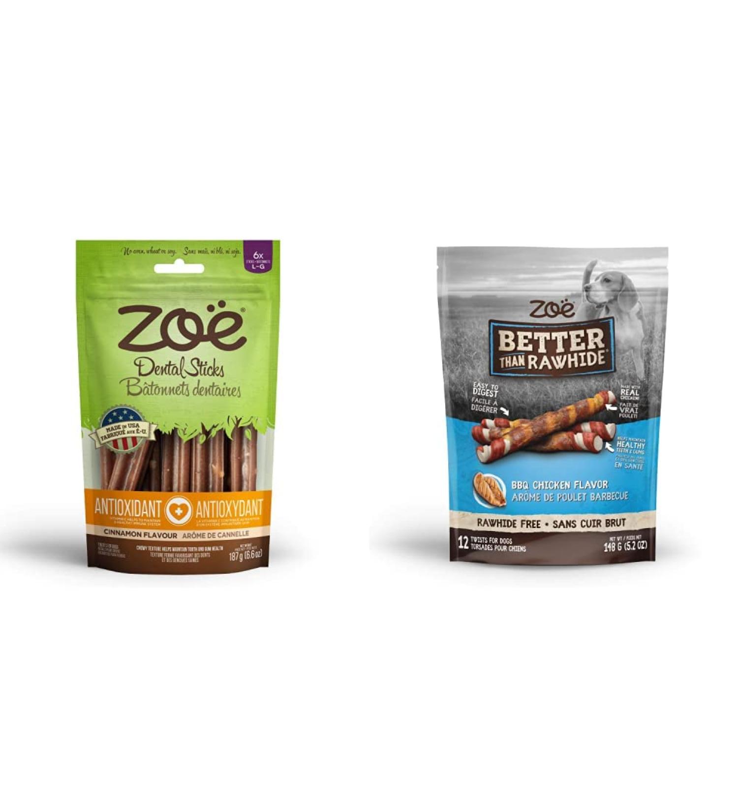 Zoe Dental Sticks for Dogs (Large Cinnamon Flavor) and Better Than Rawhide Twists (BBQ Chicken Flavor)
