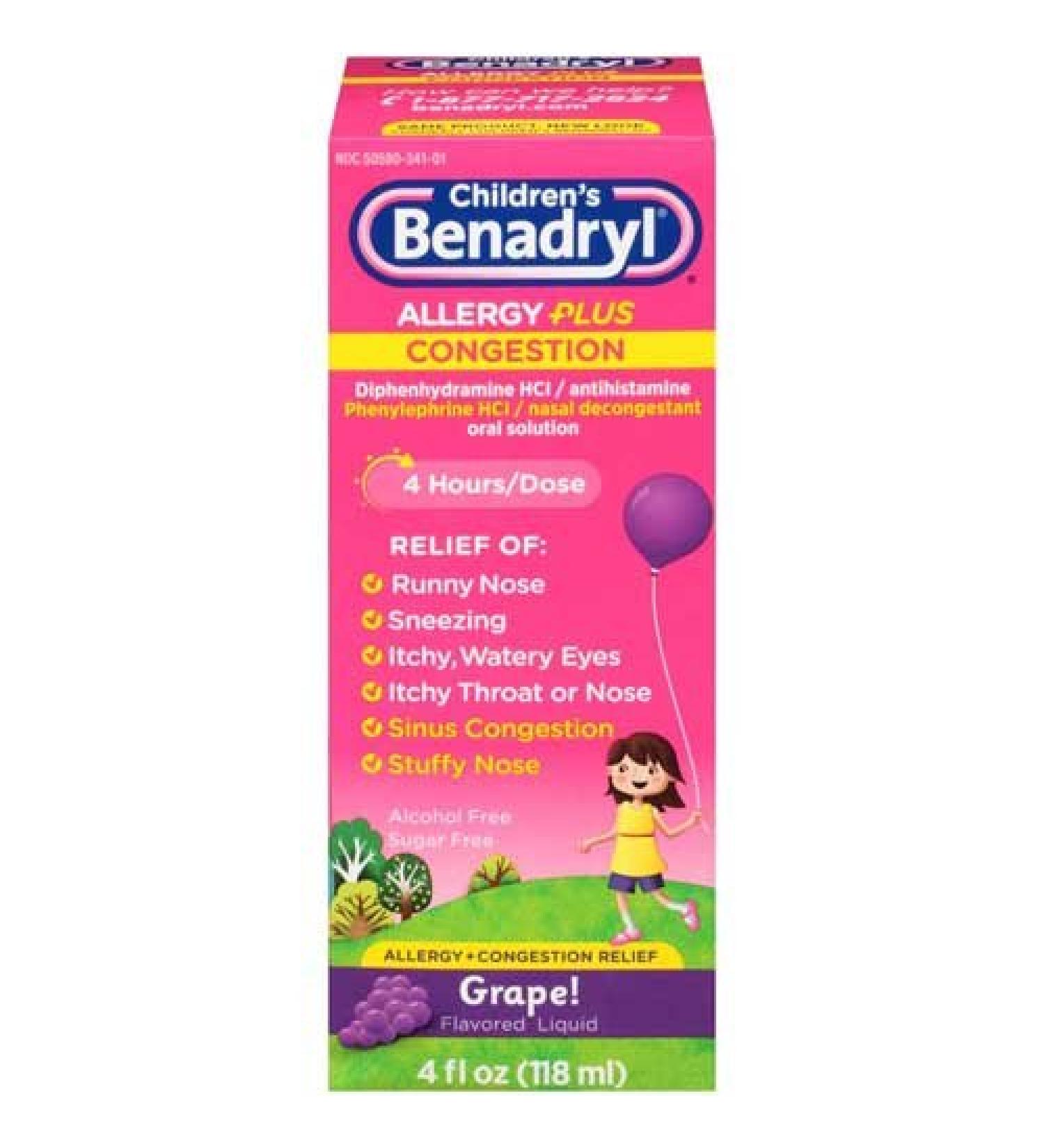 Children's Benadryl Allergy + Congestion Grape Liquid 4 fl oz - 24 Pack - Buy Online on SooperMarket.com