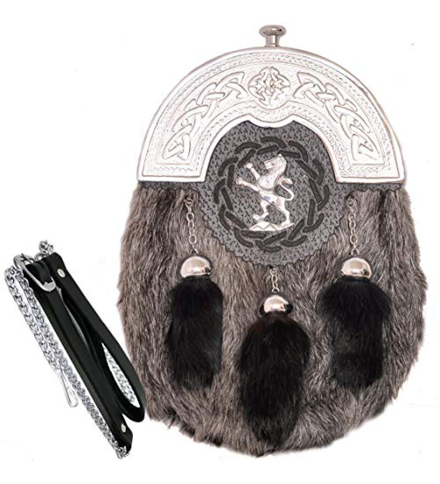 Scottish Kilt Sporran - Grey Goat Skin Full Dress Sporran with Celtic Chrome Cantel - Buy Online on SooperMarket.com